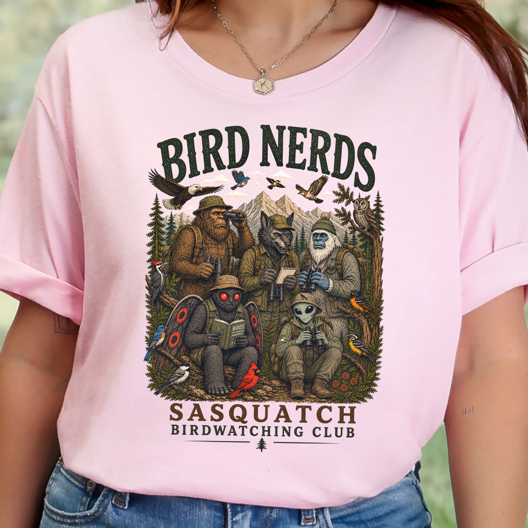 Cryptid Birdwatchers Club Sasquatch Bigfoot Mothman Bird Nerd Forest T-Shirt