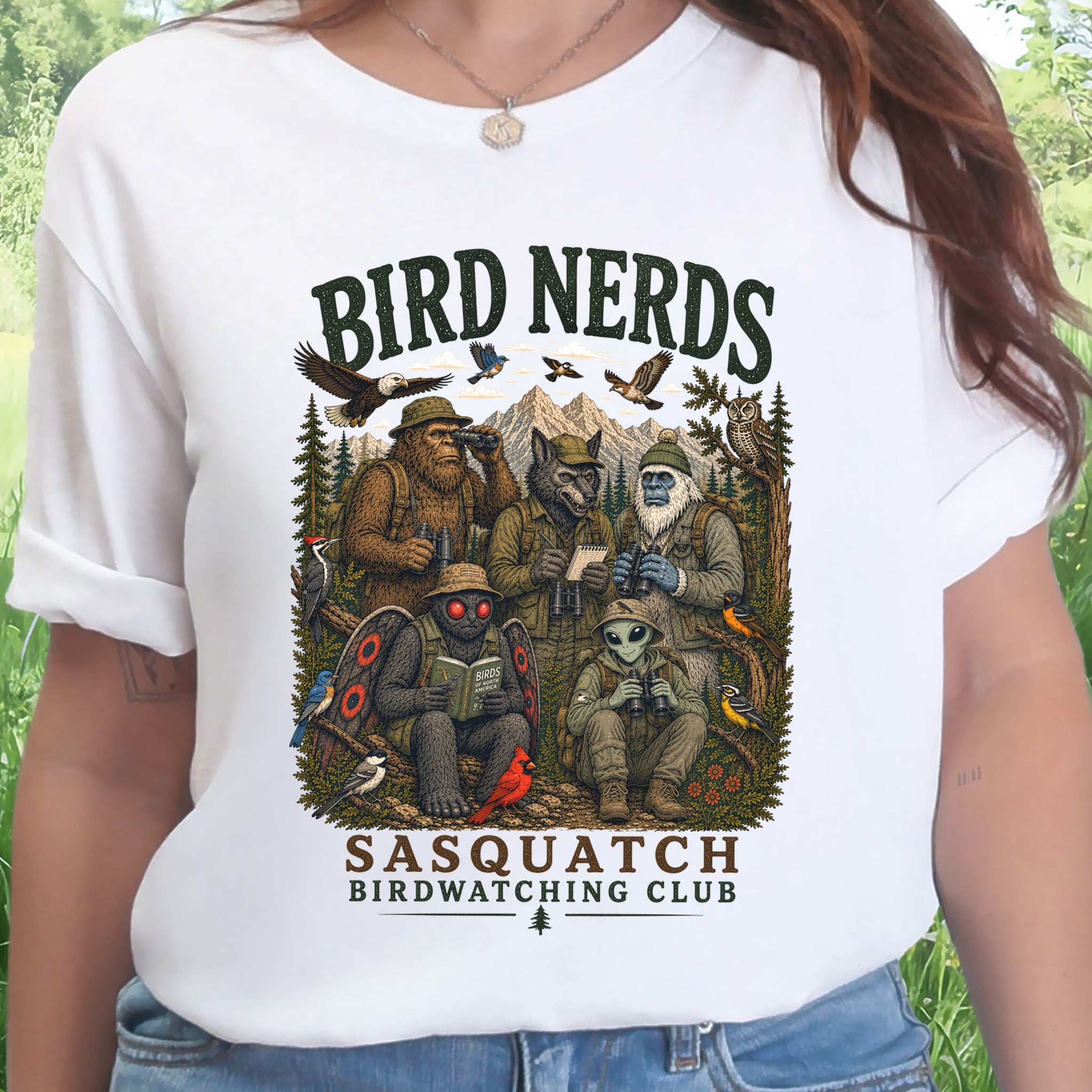 Cryptid Birdwatchers Club Sasquatch Bigfoot Mothman Bird Nerd Forest T-Shirt