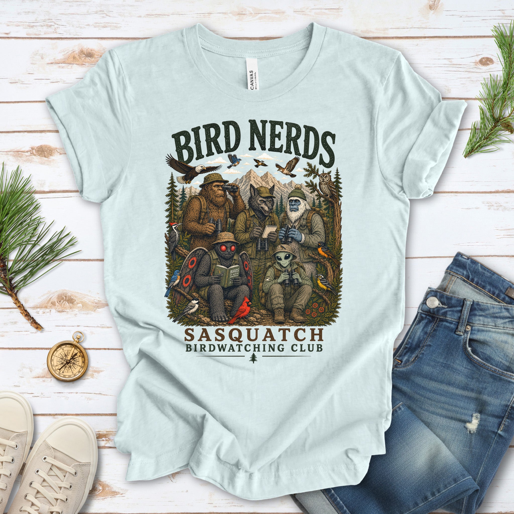 Cryptid Birdwatchers Club Sasquatch Bigfoot Mothman Bird Nerd Forest T-Shirt