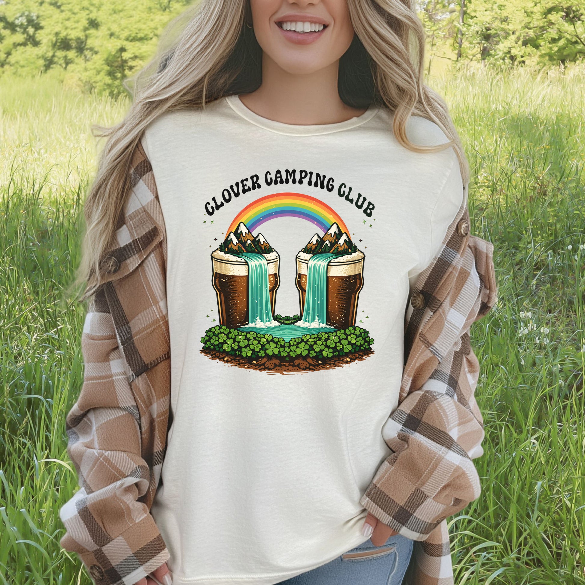Clover Camping Club T-Shirt – Irish Rainbow, Beer Falls & Lucky Vibes