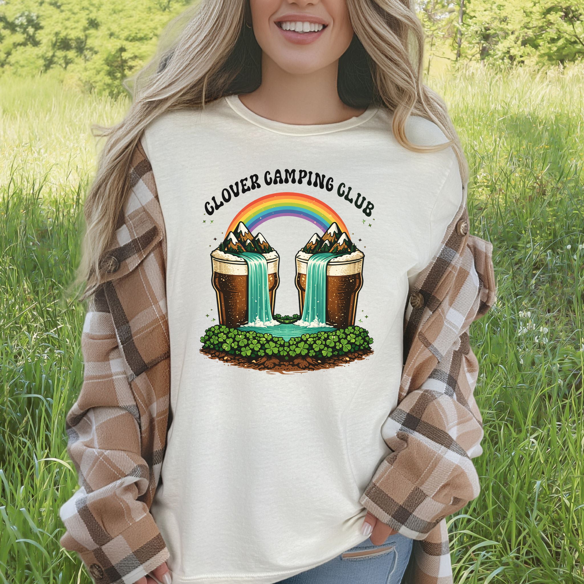 Clover Camping Club T-Shirt – Irish Rainbow, Beer Falls & Lucky Vibes
