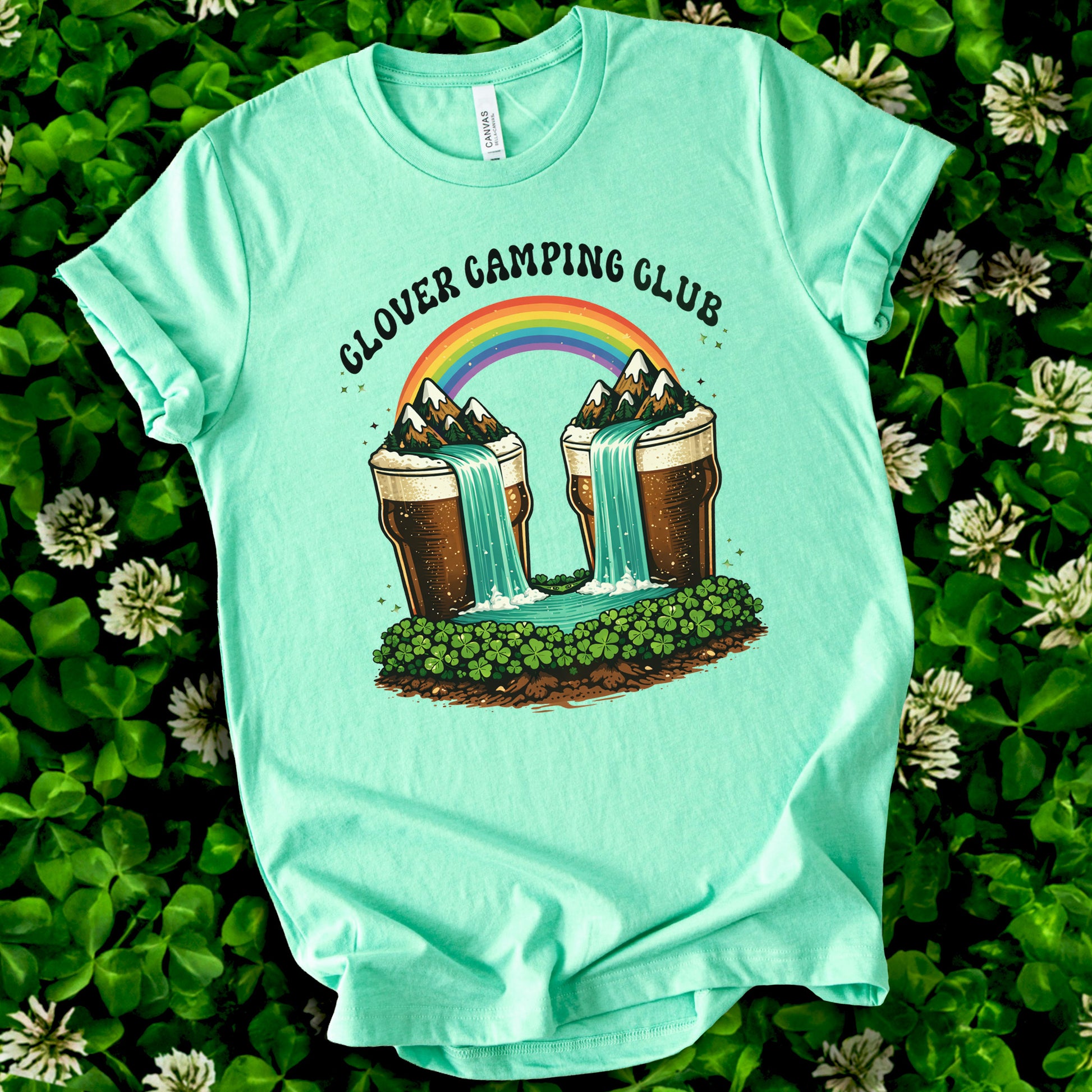 Clover Camping Club T-Shirt – Irish Rainbow, Beer Falls & Lucky Vibes