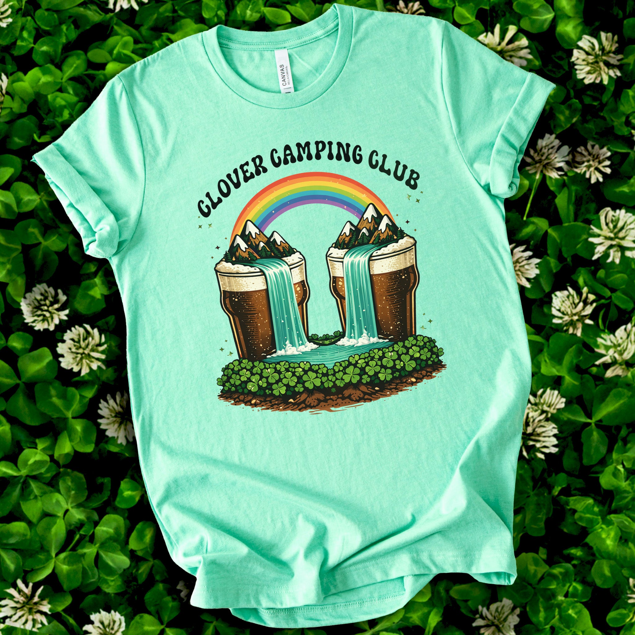 Clover Camping Club T-Shirt – Irish Rainbow, Beer Falls & Lucky Vibes