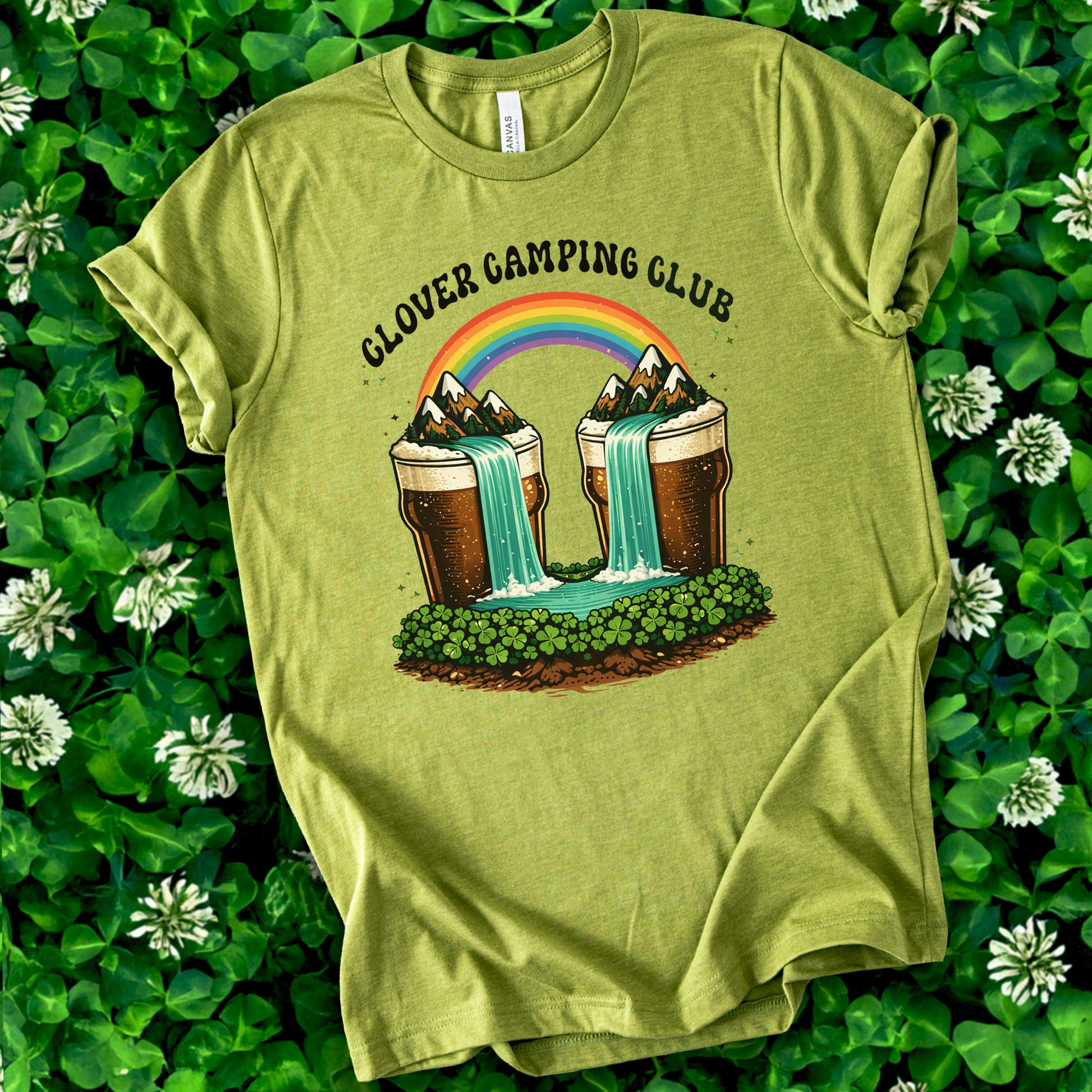 Clover Camping Club T-Shirt – Irish Rainbow, Beer Falls & Lucky Vibes