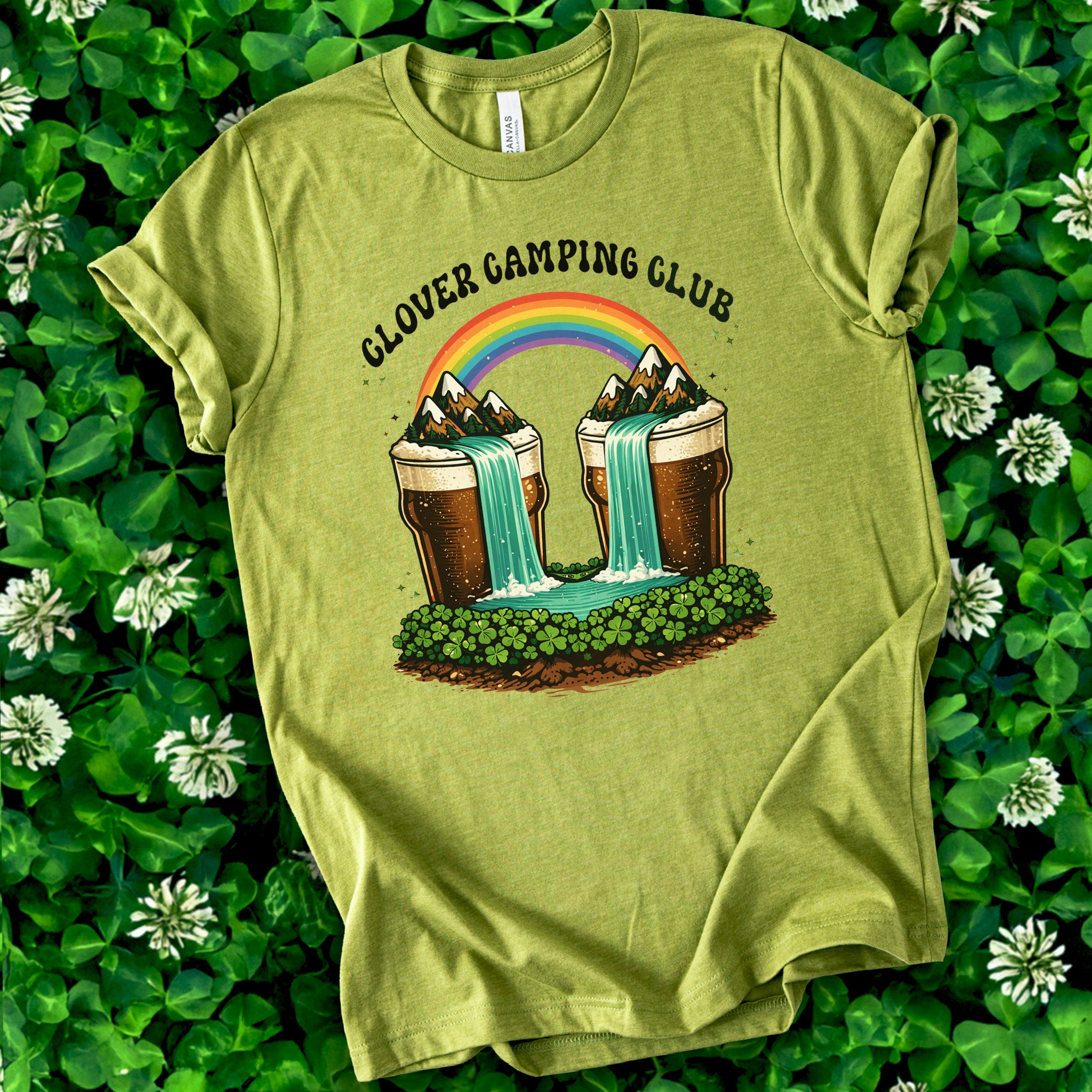 Clover Camping Club T-Shirt – Irish Rainbow, Beer Falls & Lucky Vibes