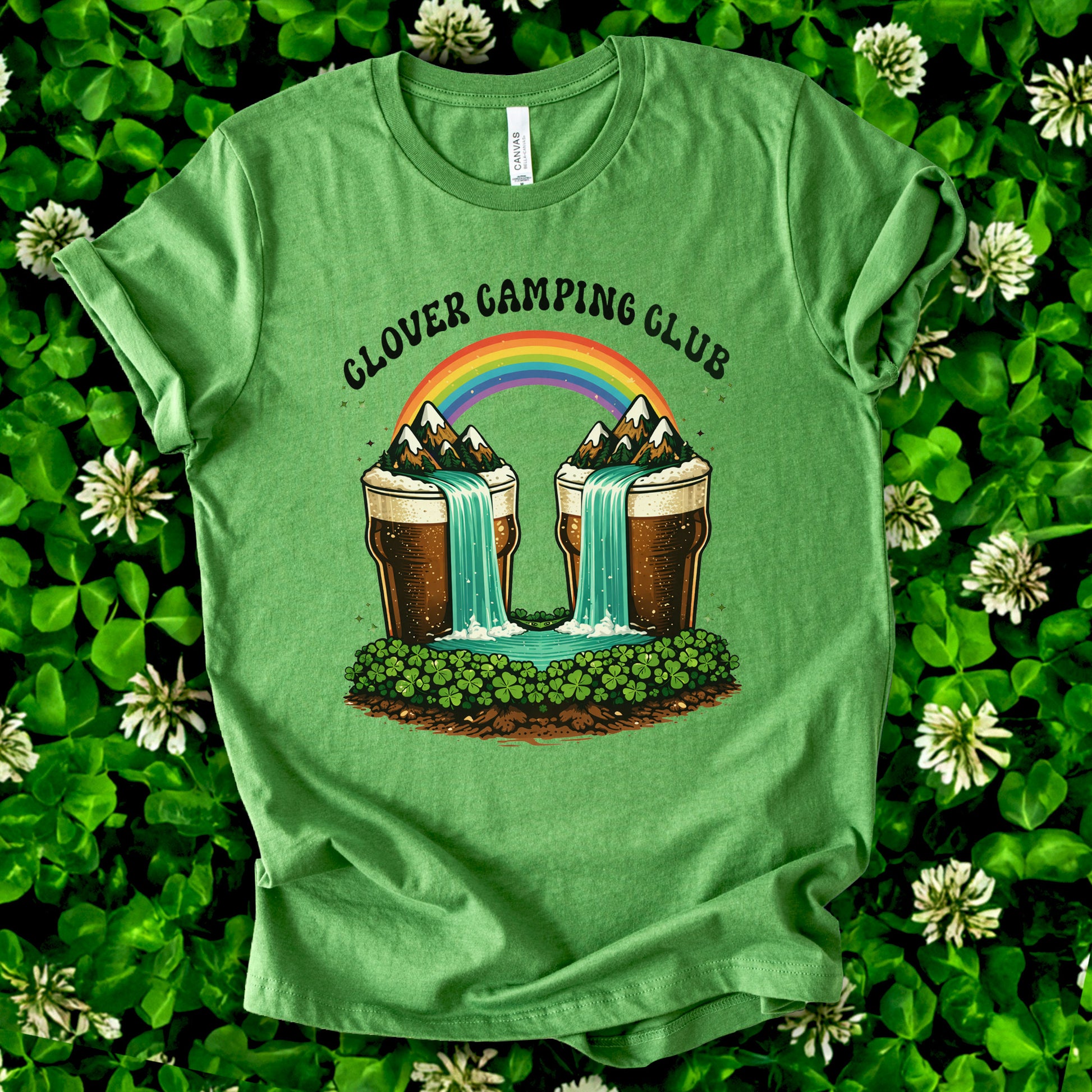 Clover Camping Club T-Shirt – Irish Rainbow, Beer Falls & Lucky Vibes