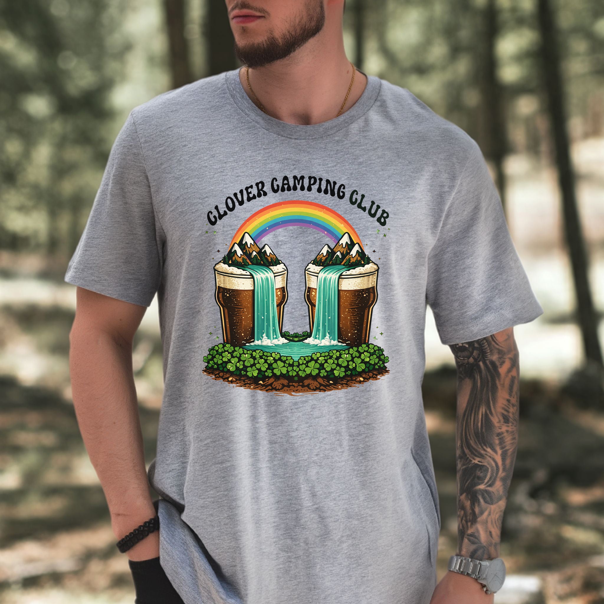 Clover Camping Club T-Shirt – Irish Rainbow, Beer Falls & Lucky Vibes