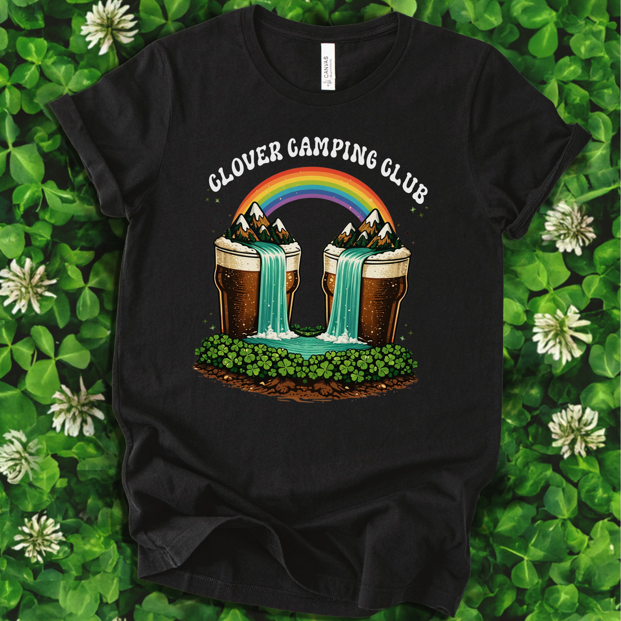 Clover Camping Club T-Shirt – Irish Rainbow, Beer Falls & Lucky Vibes