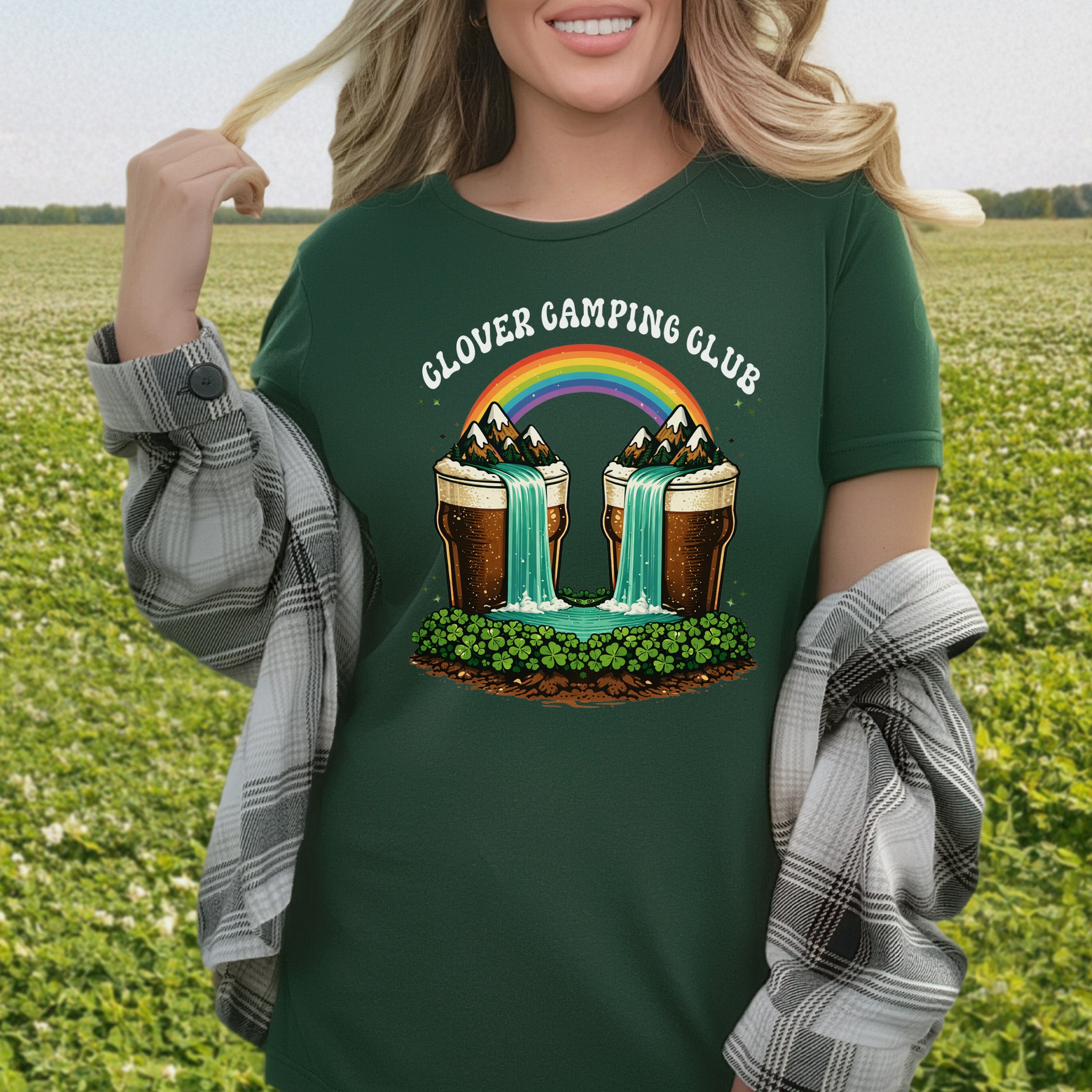 Clover Camping Club T-Shirt – Irish Rainbow, Beer Falls & Lucky Vibes