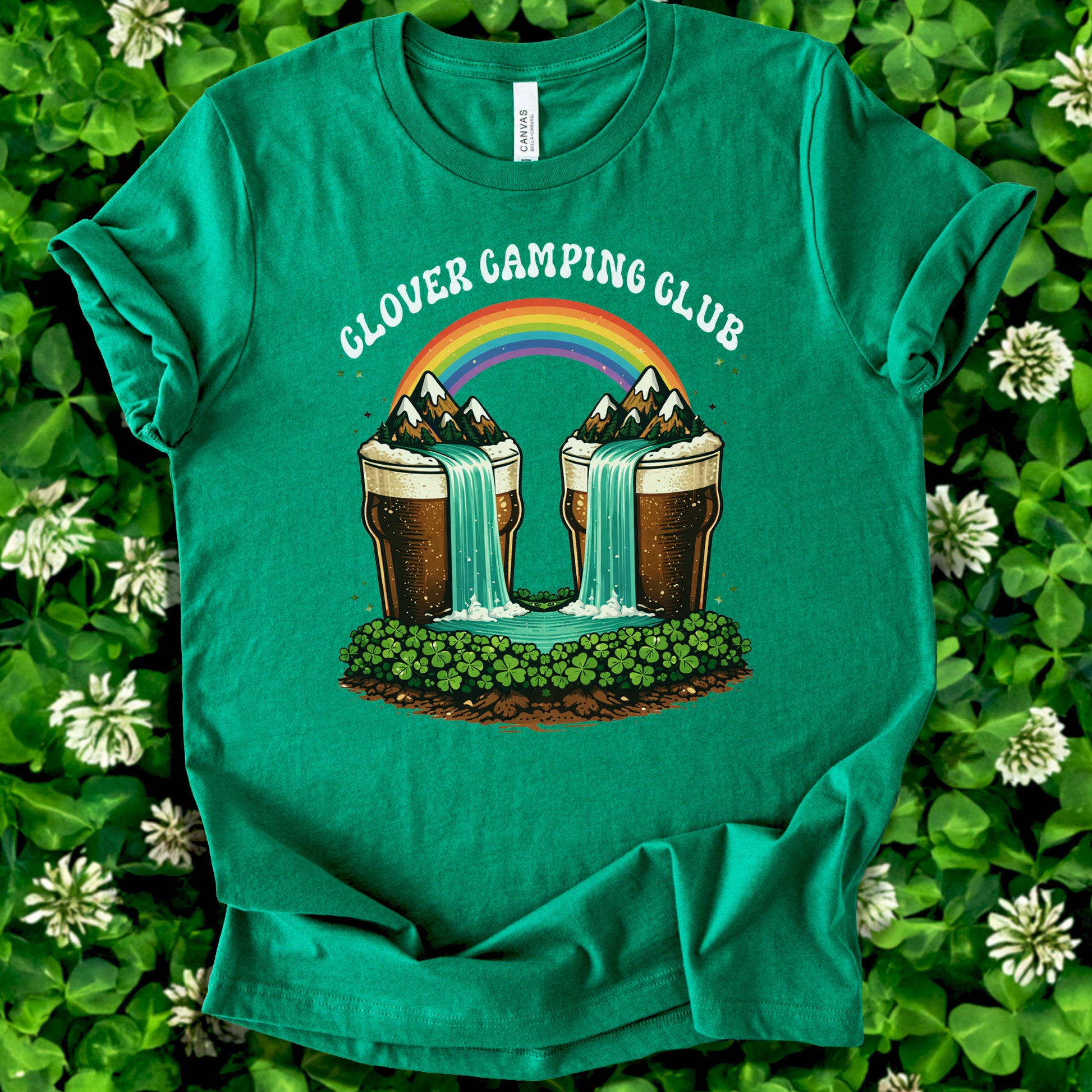 Clover Camping Club T-Shirt – Irish Rainbow, Beer Falls & Lucky Vibes