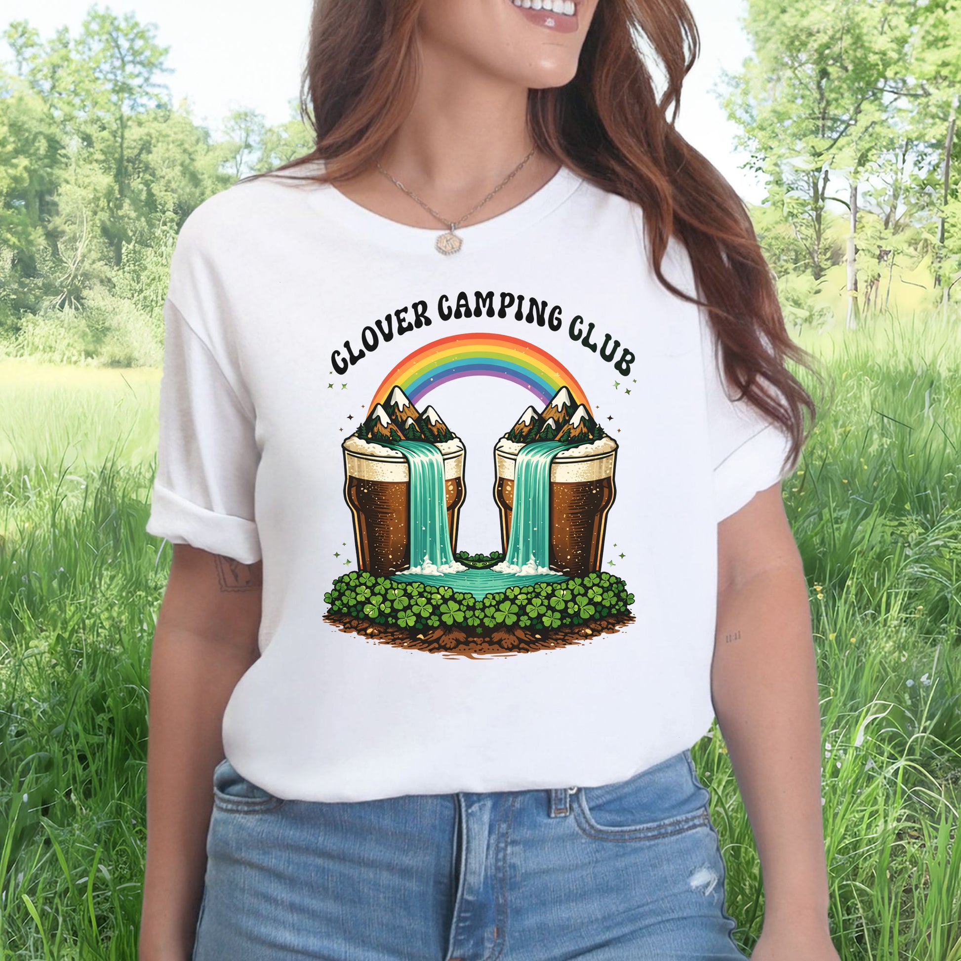 Clover Camping Club T-Shirt – Irish Rainbow, Beer Falls & Lucky Vibes