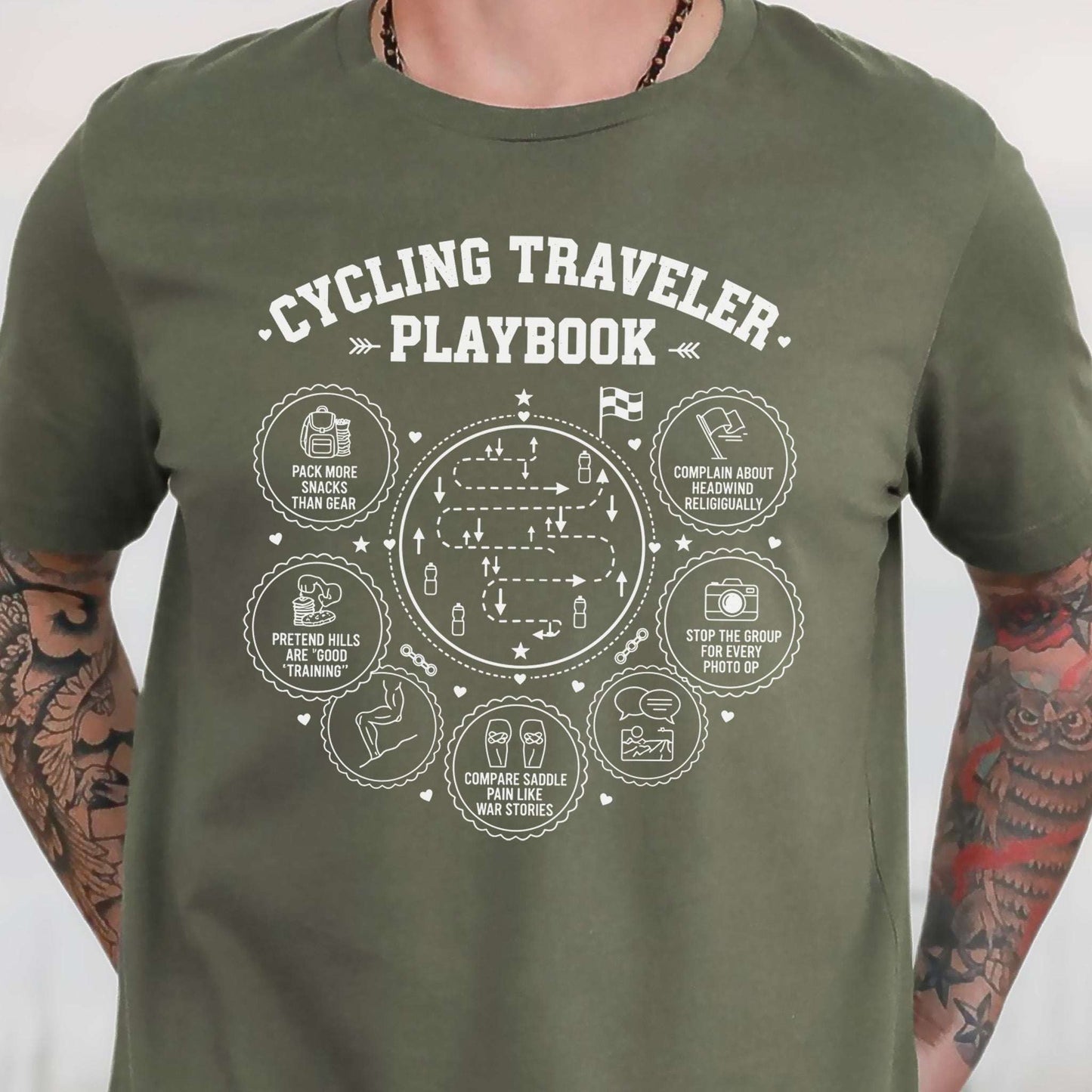 Cycling Traveler Playbook T-Shirt – Funny Cyclist Adventure Tee