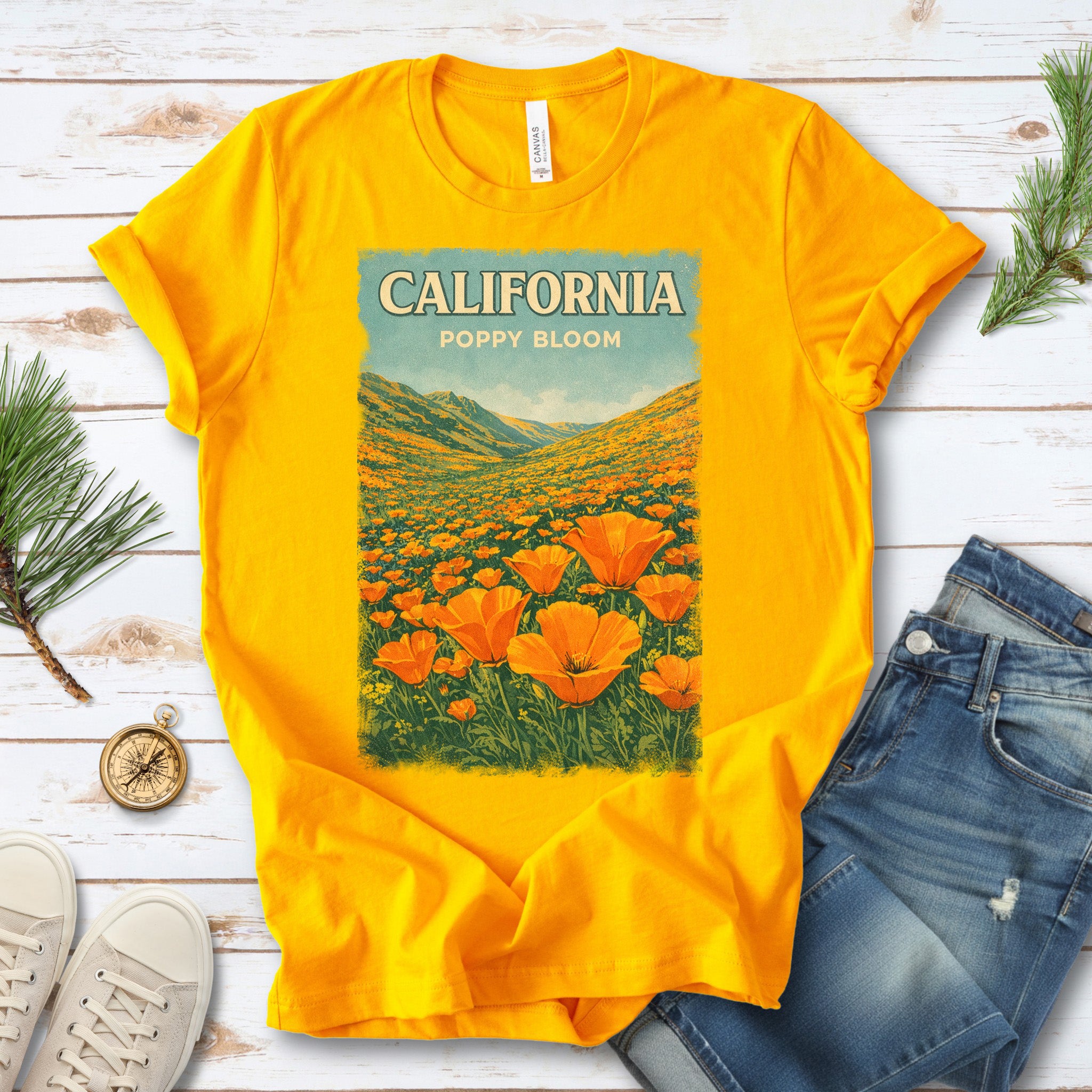 California Poppy Bloom Wildflower Retro Botanical Nature T-Shirt
