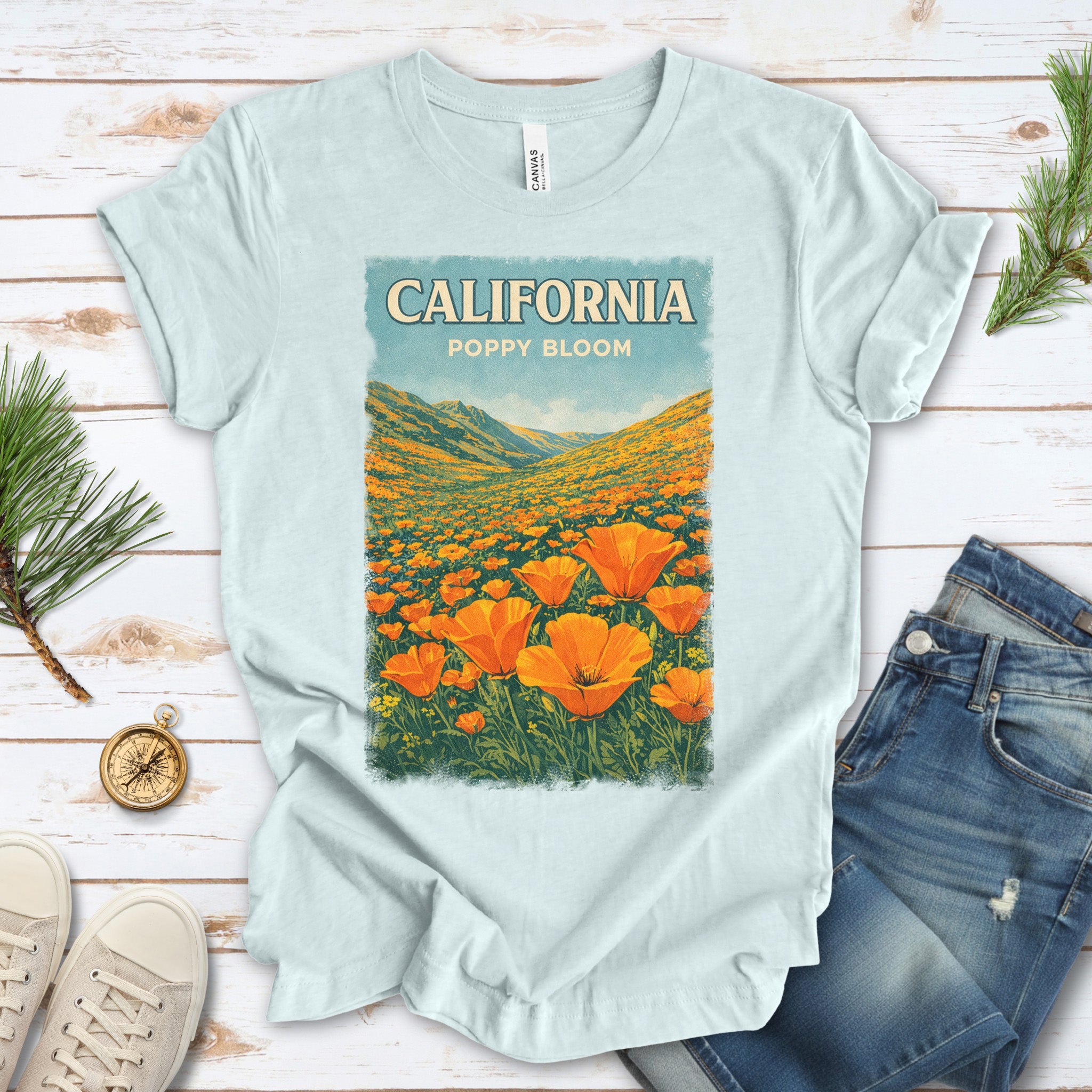 California Poppy Bloom Wildflower Retro Botanical Nature T-Shirt
