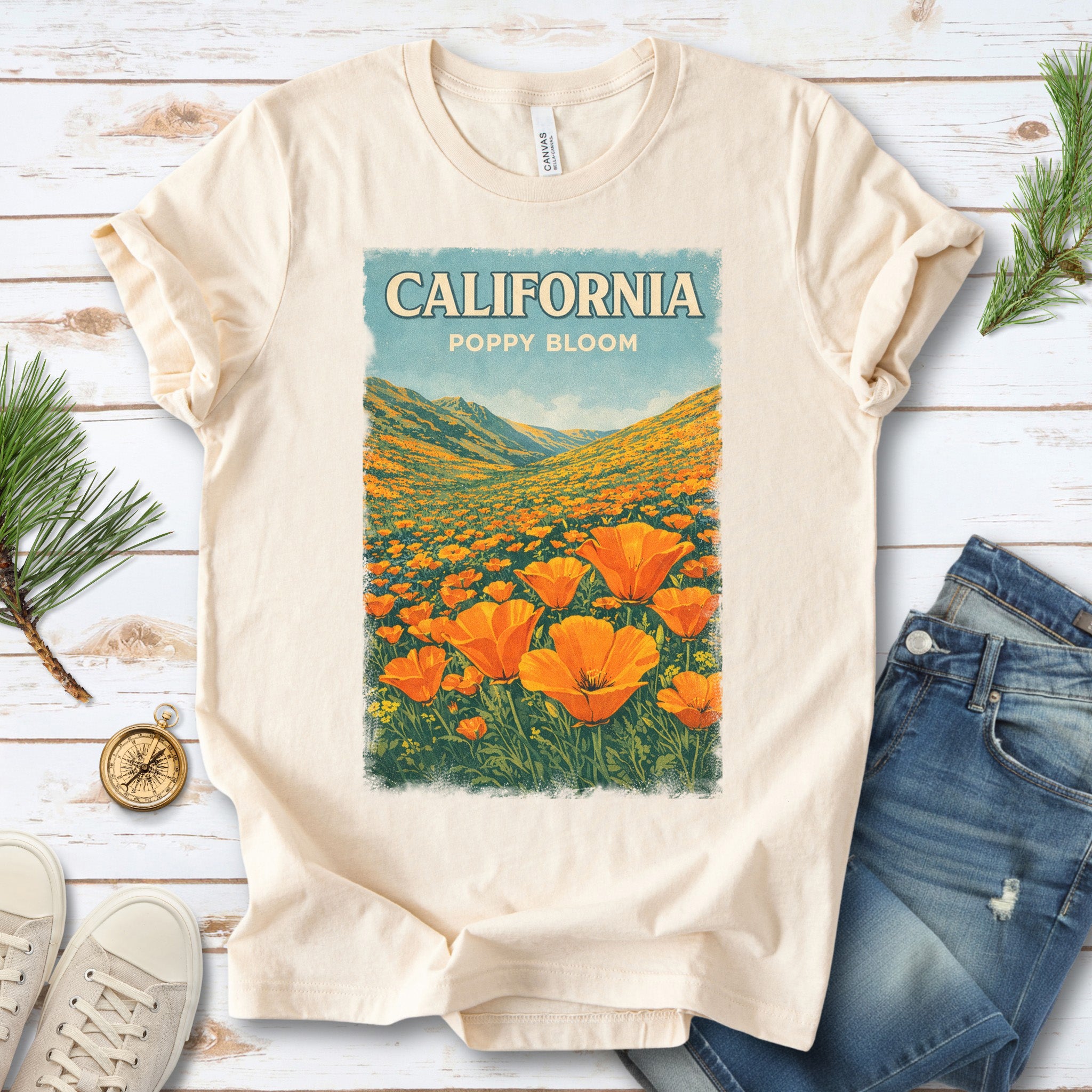 California Poppy Bloom Wildflower Retro Botanical Nature T-Shirt
