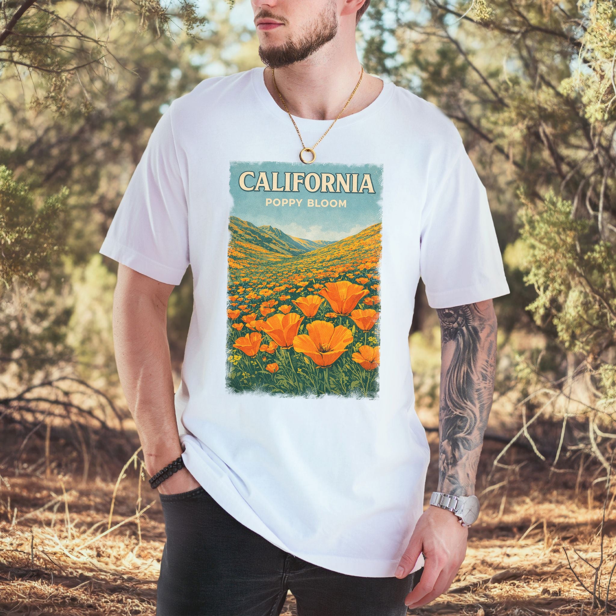 California Poppy Bloom Wildflower Retro Botanical Nature T-Shirt