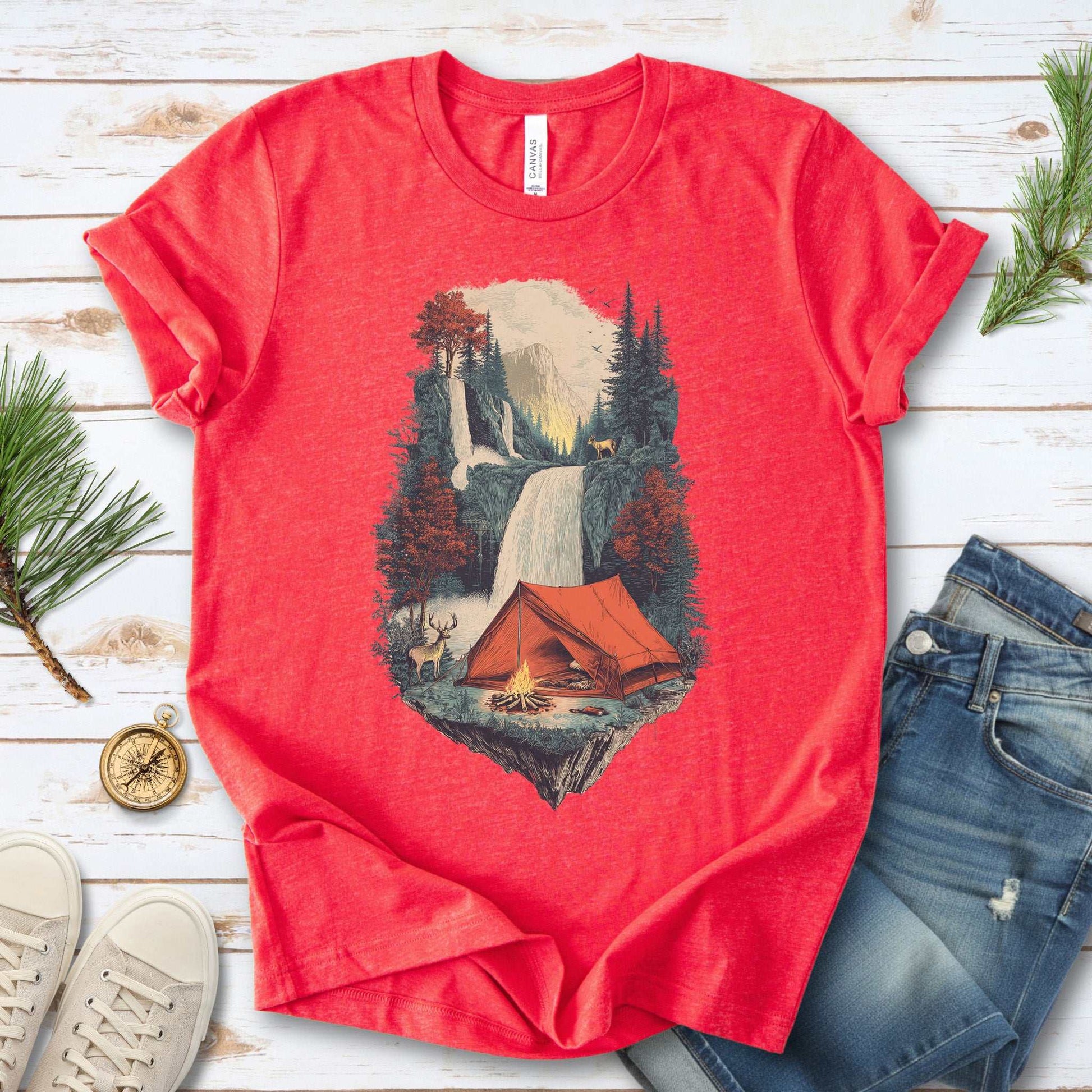 Camp Horizon T-Shirt – Retro Waterfall Campfire Wilderness Tee