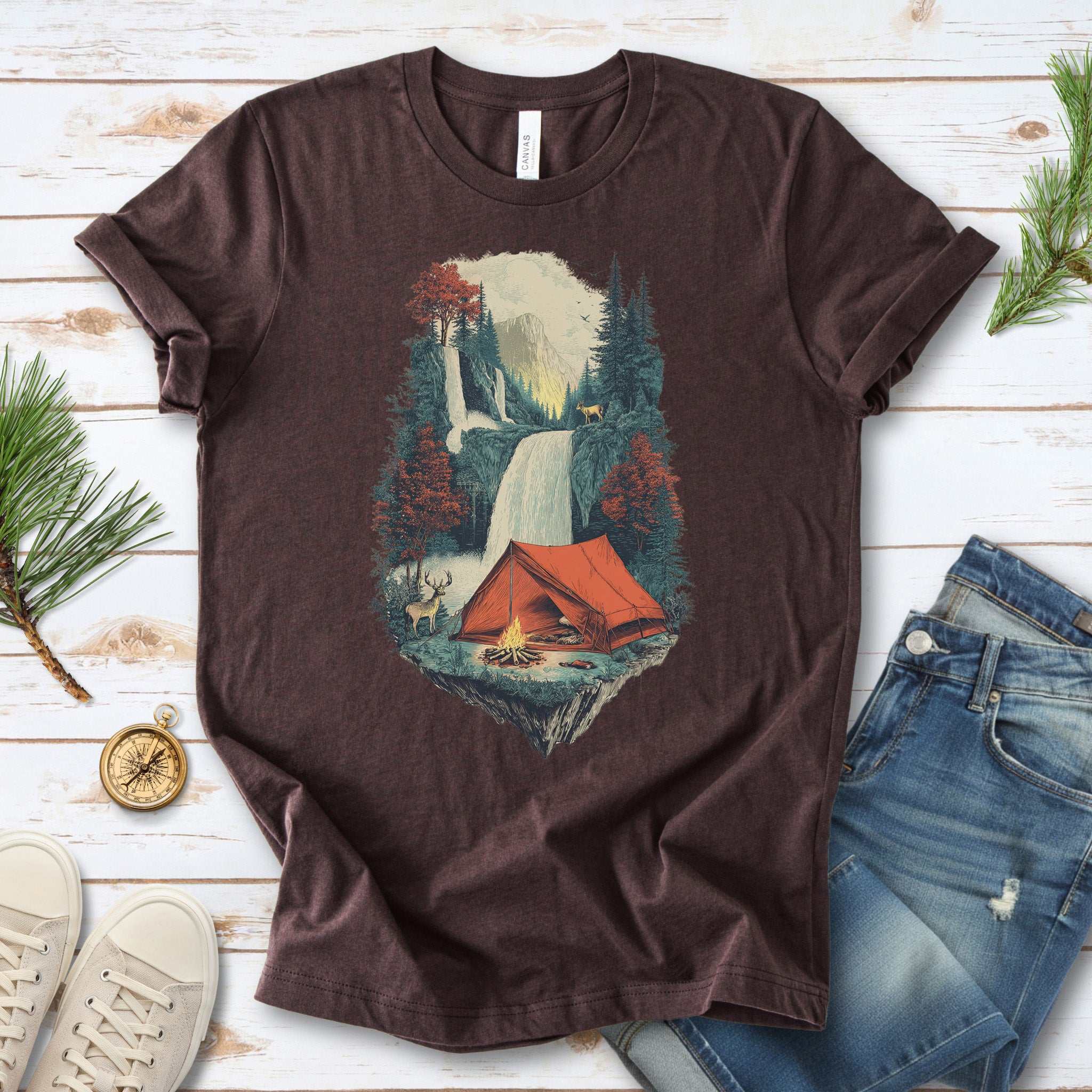 Camp Horizon T-Shirt – Retro Waterfall Campfire Wilderness Tee