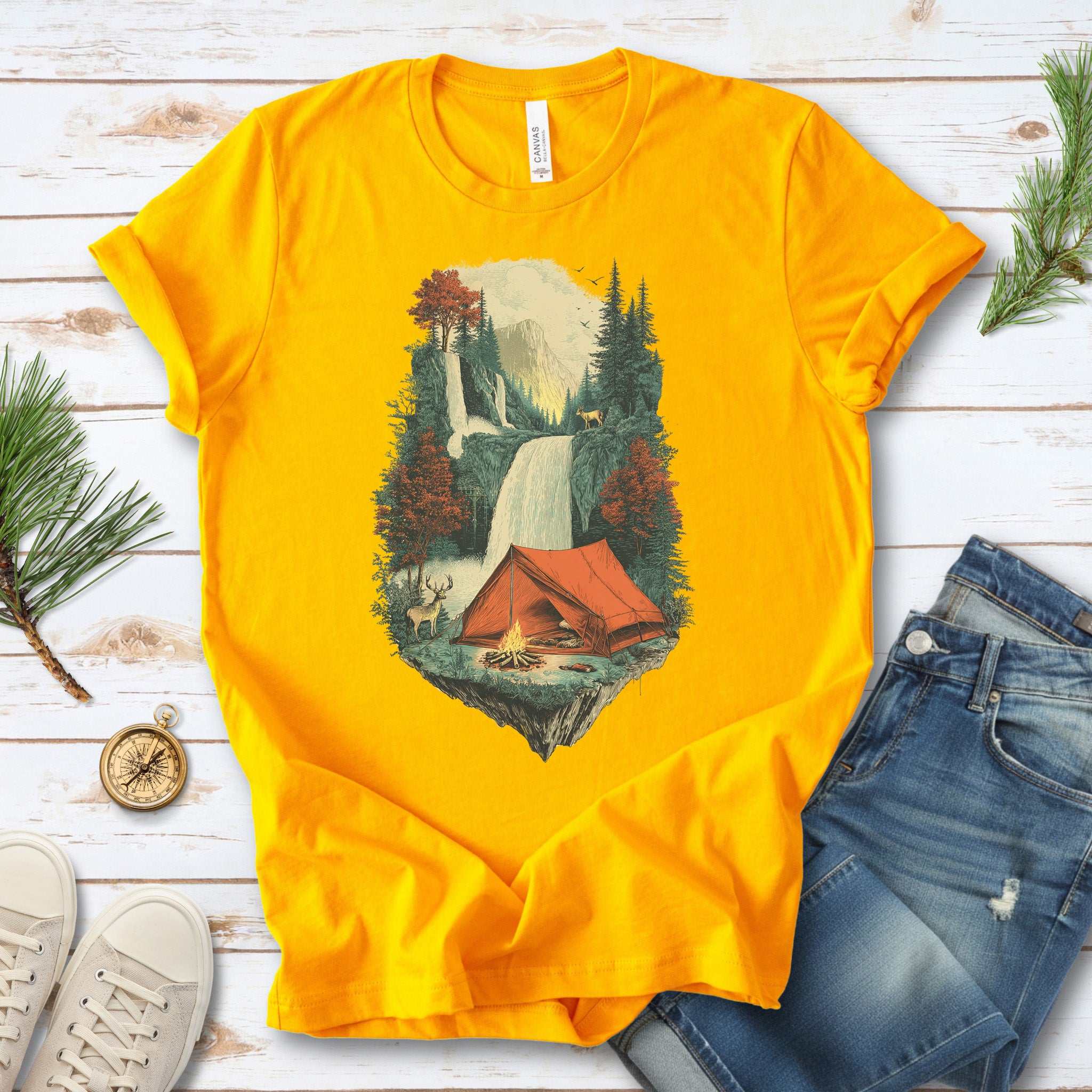 Camp Horizon T-Shirt – Retro Waterfall Campfire Wilderness Tee