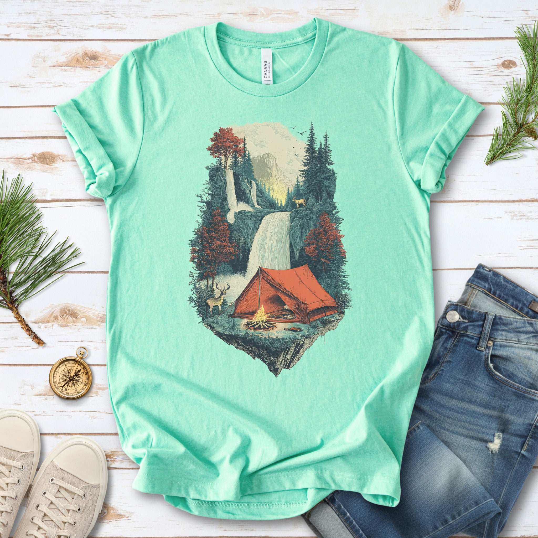 Camp Horizon T-Shirt – Retro Waterfall Campfire Wilderness Tee