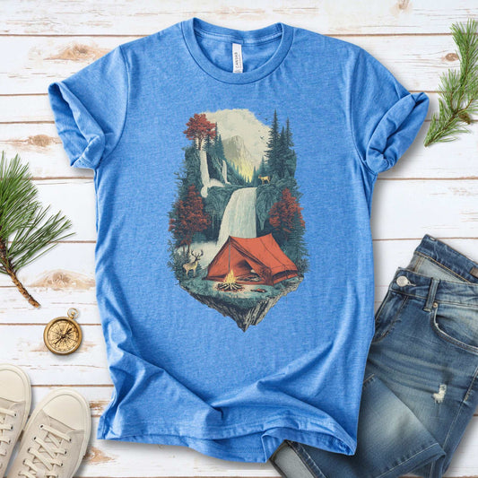 Camp Horizon T-Shirt – Retro Waterfall Campfire Wilderness Tee