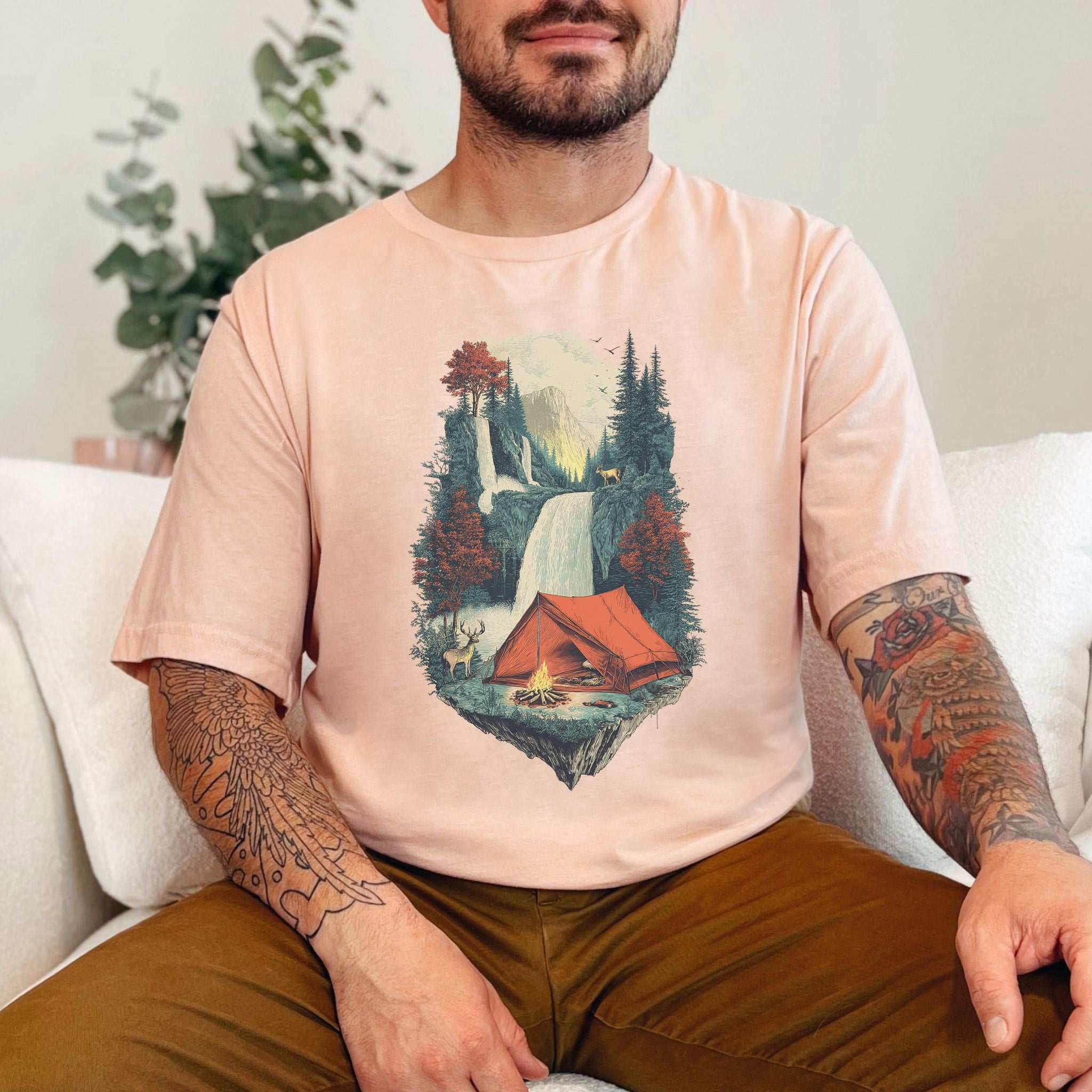 Camp Horizon T-Shirt – Retro Waterfall Campfire Wilderness Tee