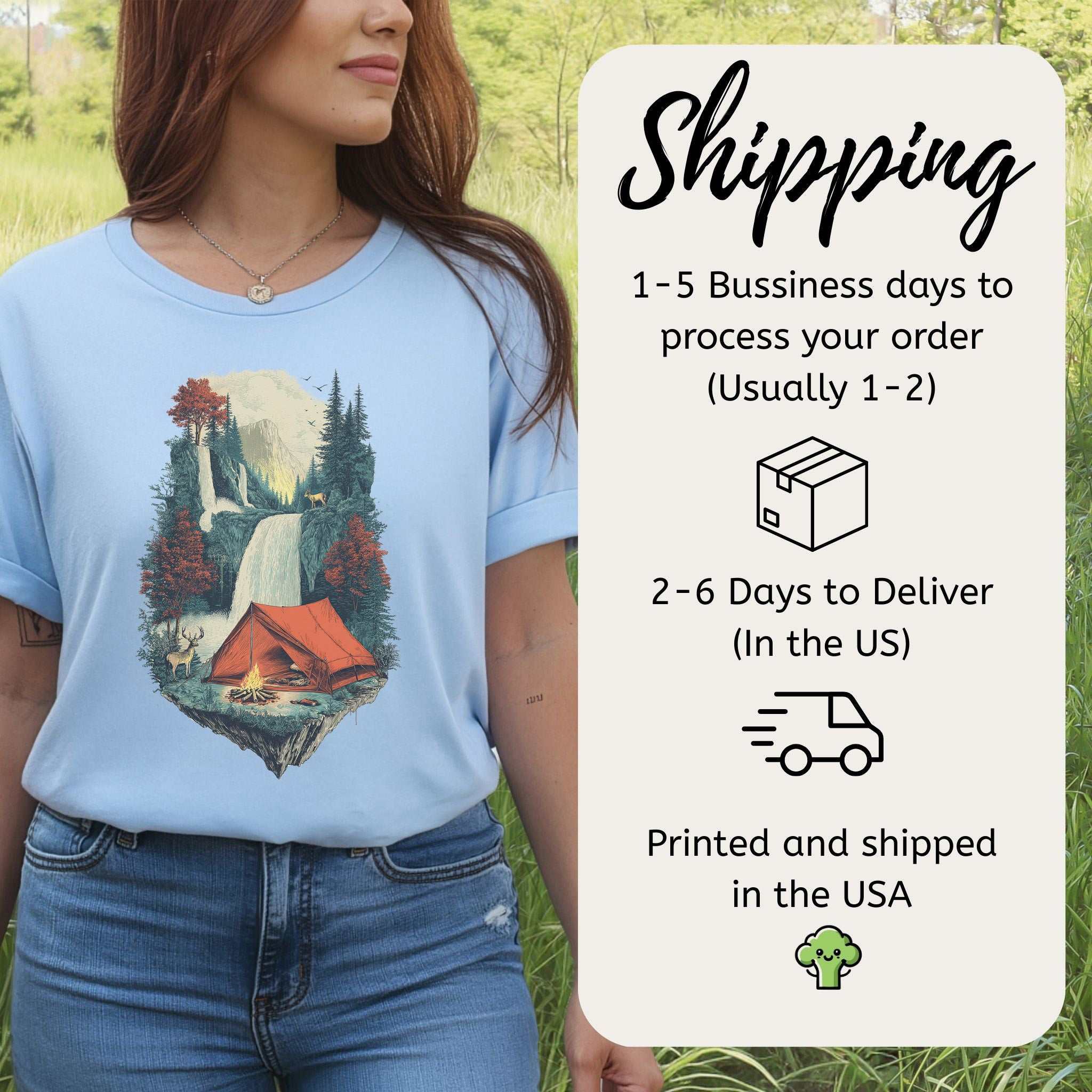 Camp Horizon T-Shirt – Retro Waterfall Campfire Wilderness Tee