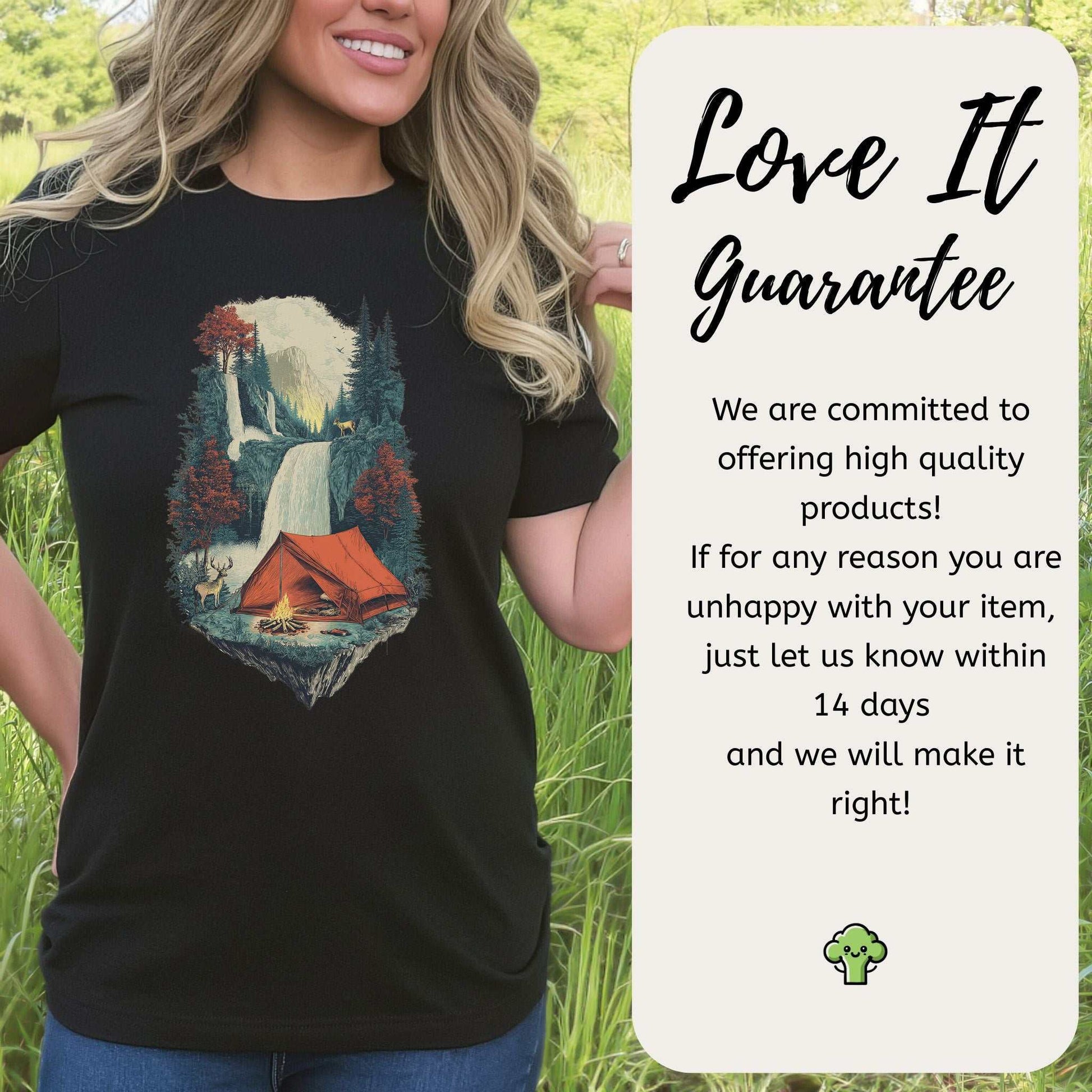 Camp Horizon T-Shirt – Retro Waterfall Campfire Wilderness Tee