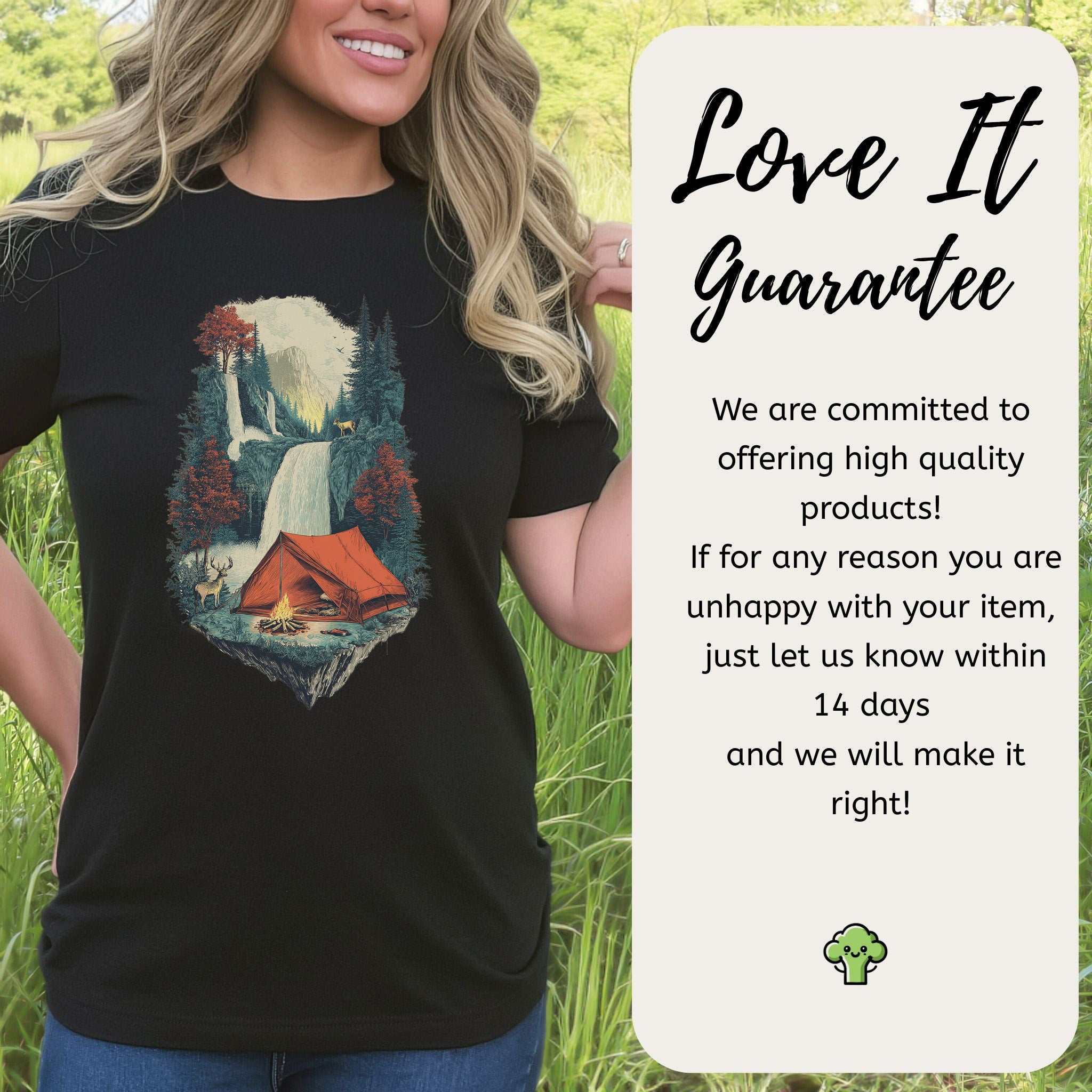 Camp Horizon T-Shirt – Retro Waterfall Campfire Wilderness Tee