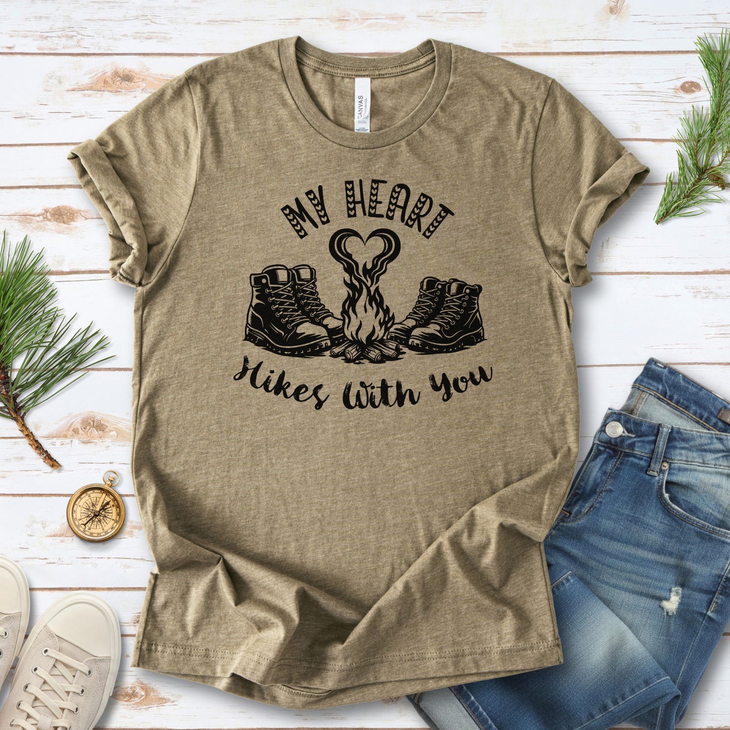 My Heart Hikes With You – Romantic Hiking Valentine Campfire Shirt