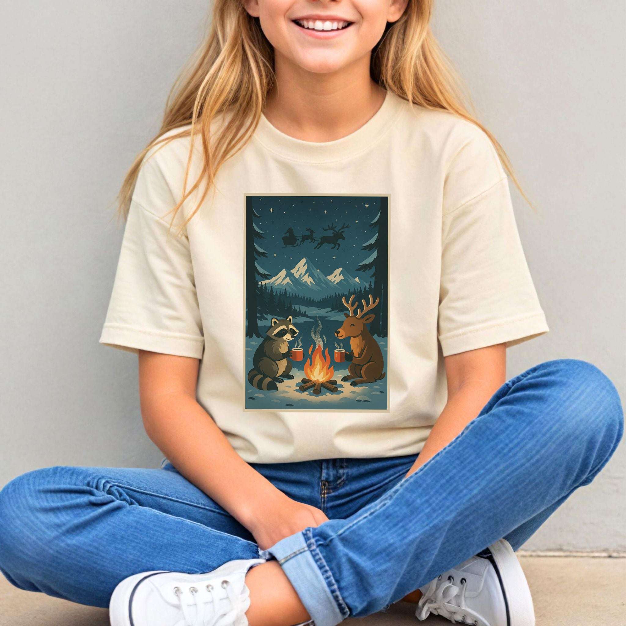 Campfire Cocoa Critters Youth Tee – Raccoon & Reindeer Christmas Vibes