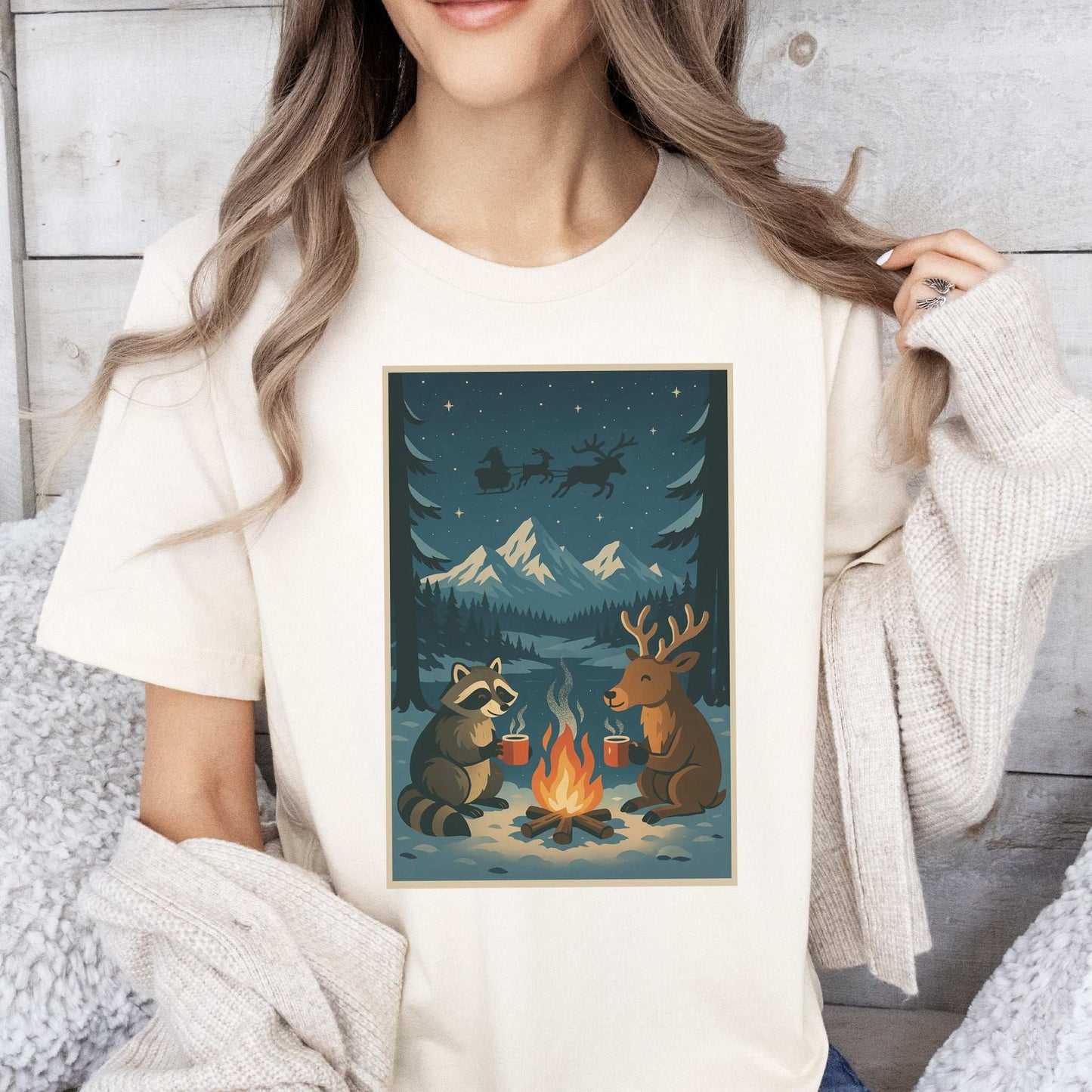 Campfire Cocoa Critters T-Shirt – Raccoon & Reindeer Christmas Vibes