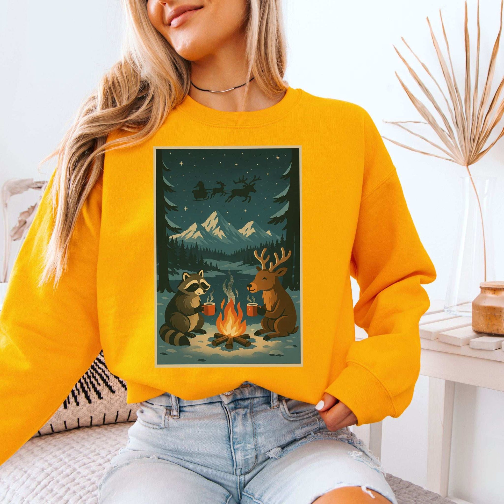 Campfire Cocoa Critters Sweatshirt – Raccoon & Reindeer Christmas Vibes