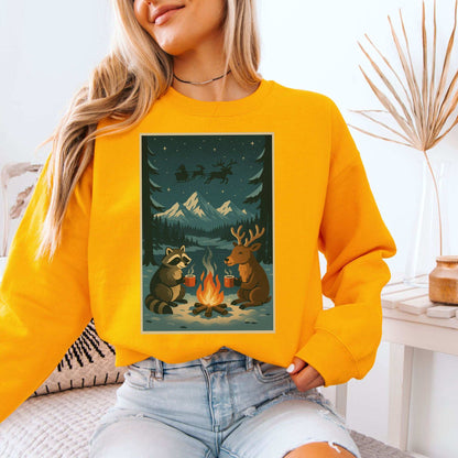 Campfire Cocoa Critters Sweatshirt – Raccoon & Reindeer Christmas Vibes