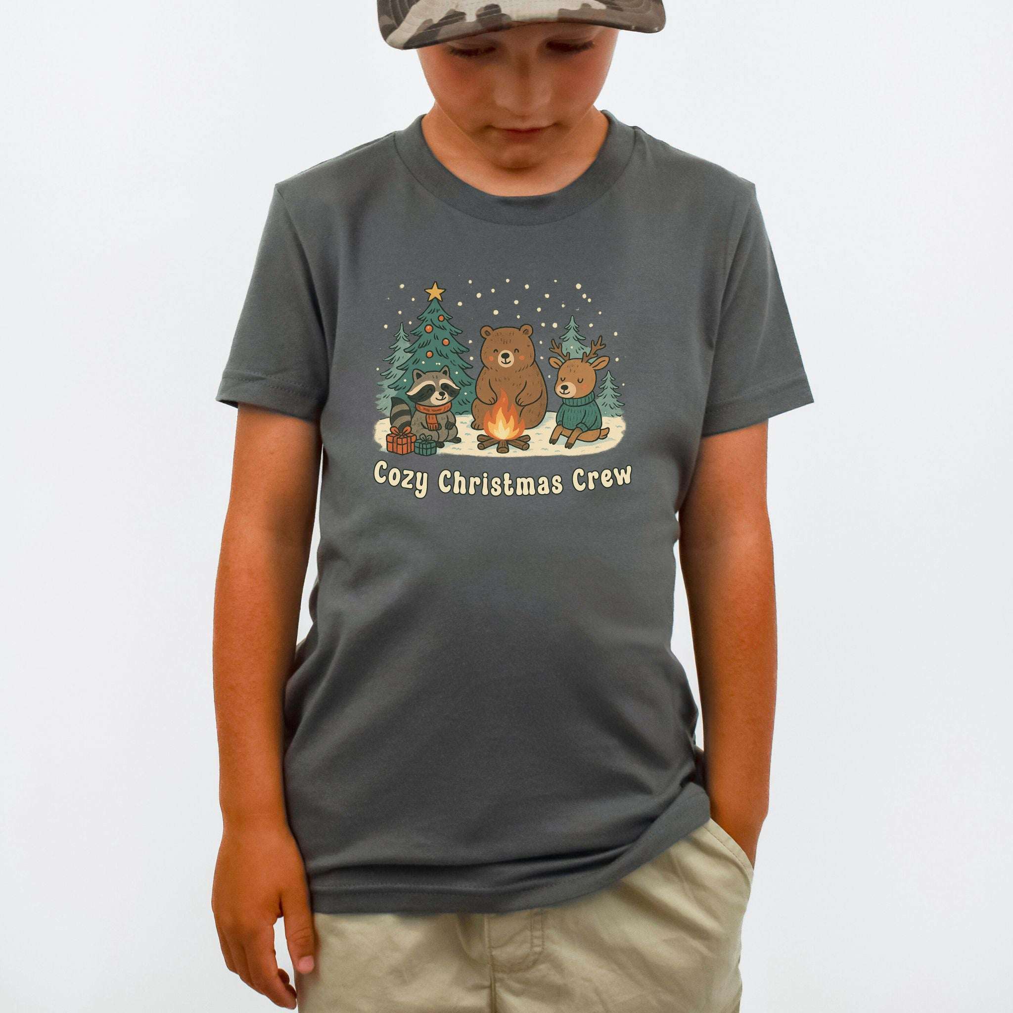 Cozy Christmas Crew Youth Tee – Cute Forest Animal Campfire Shirt