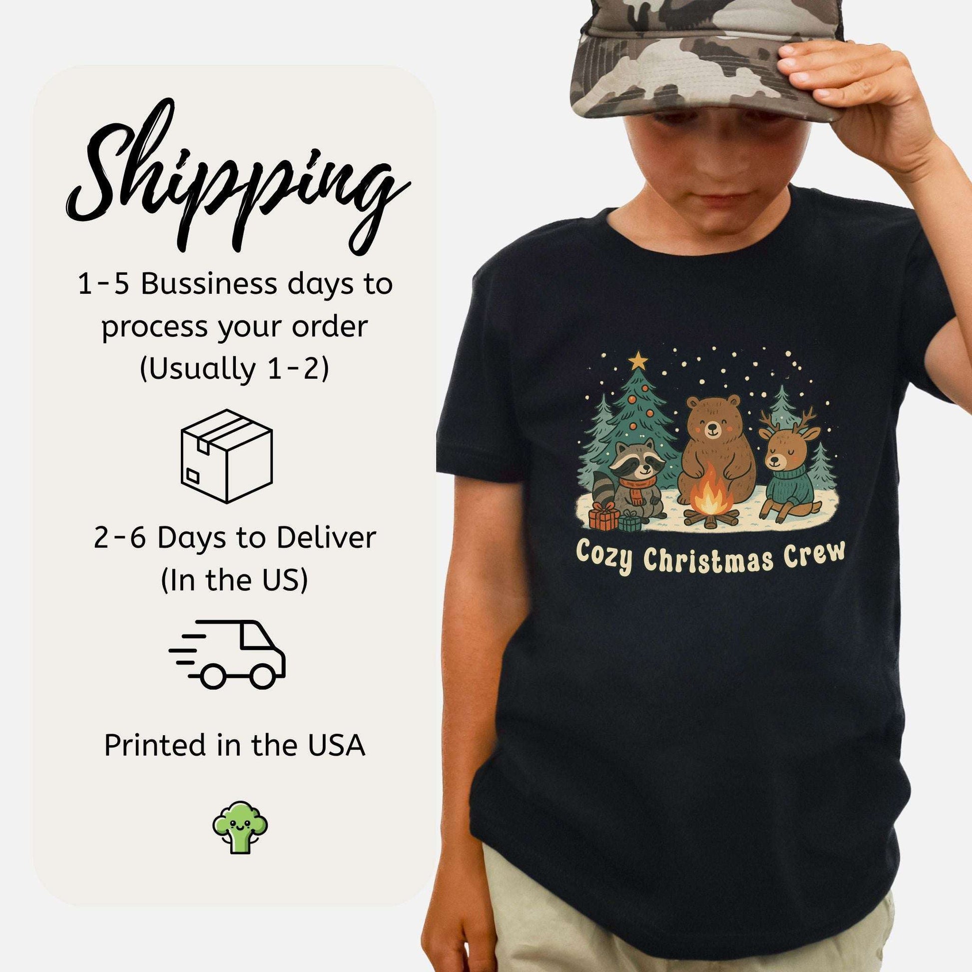Cozy Christmas Crew Youth Tee – Cute Forest Animal Campfire Shirt