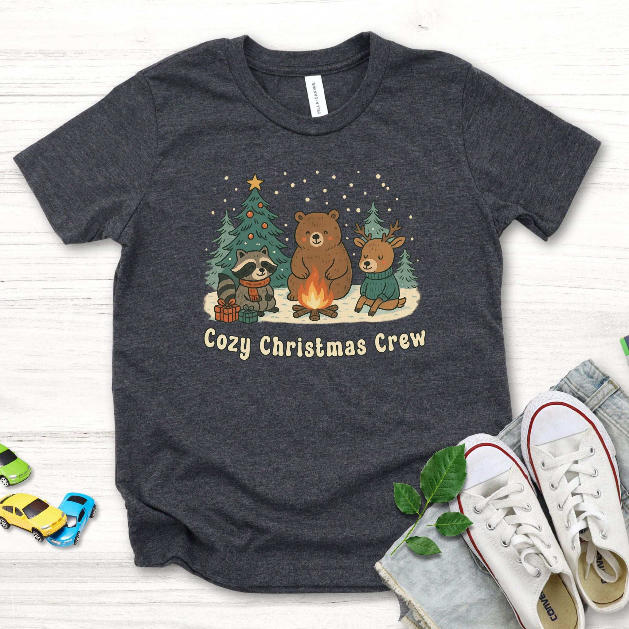 Cozy Christmas Crew Youth Tee – Cute Forest Animal Campfire Shirt
