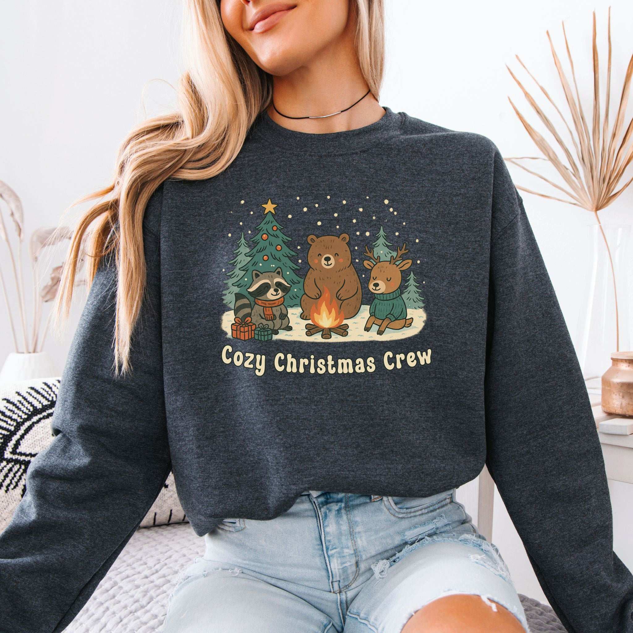 Cozy Christmas Crew Sweatshirt – Forest Animal Campfire Holiday Vibes