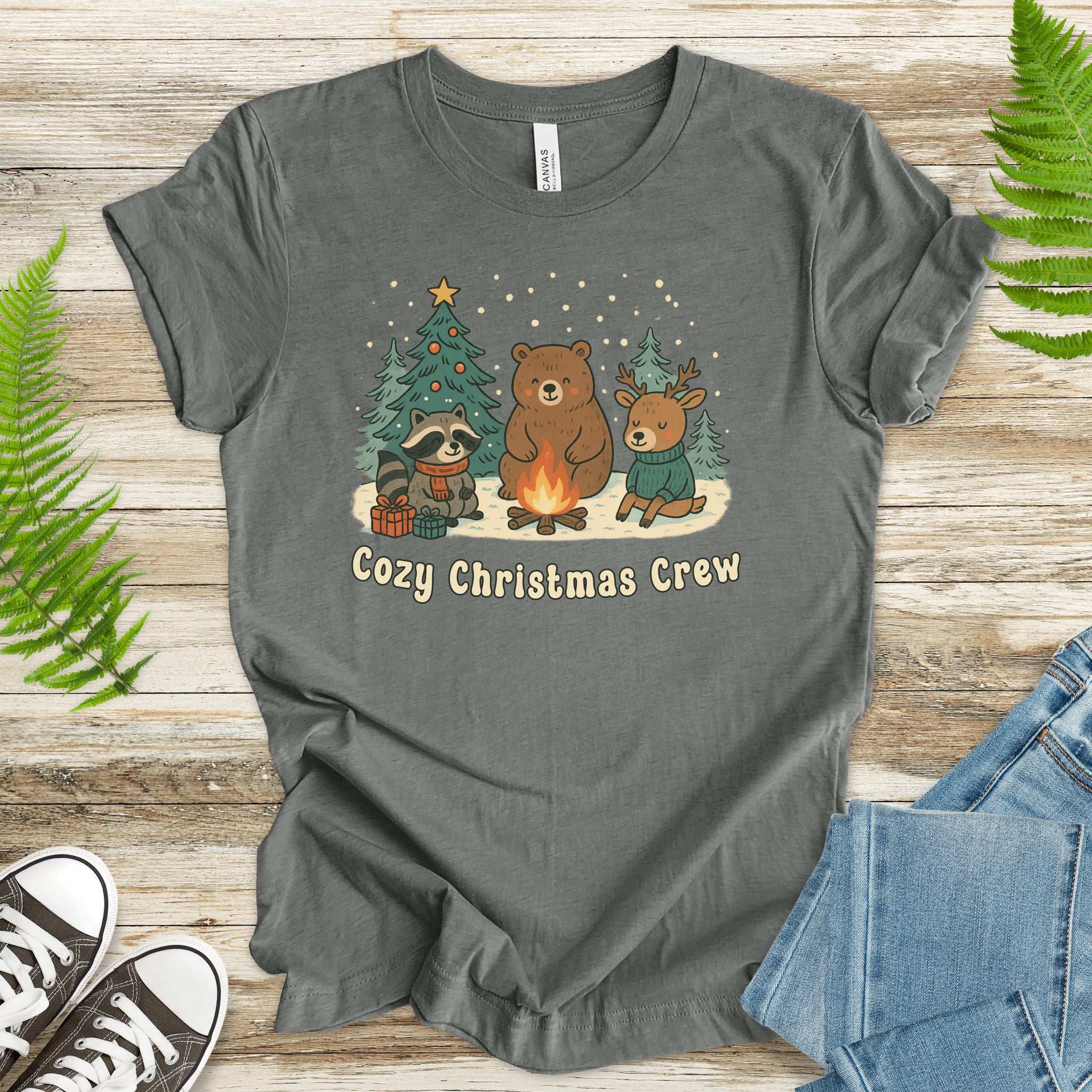 Cozy Christmas Crew T-Shirt – Cute Forest Animal Campfire Tee