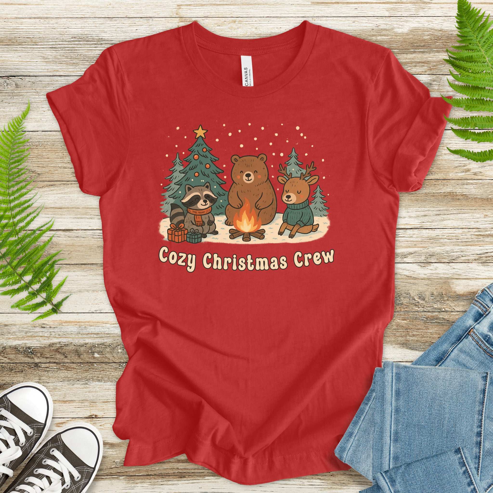 Cozy Christmas Crew T-Shirt – Cute Forest Animal Campfire Tee