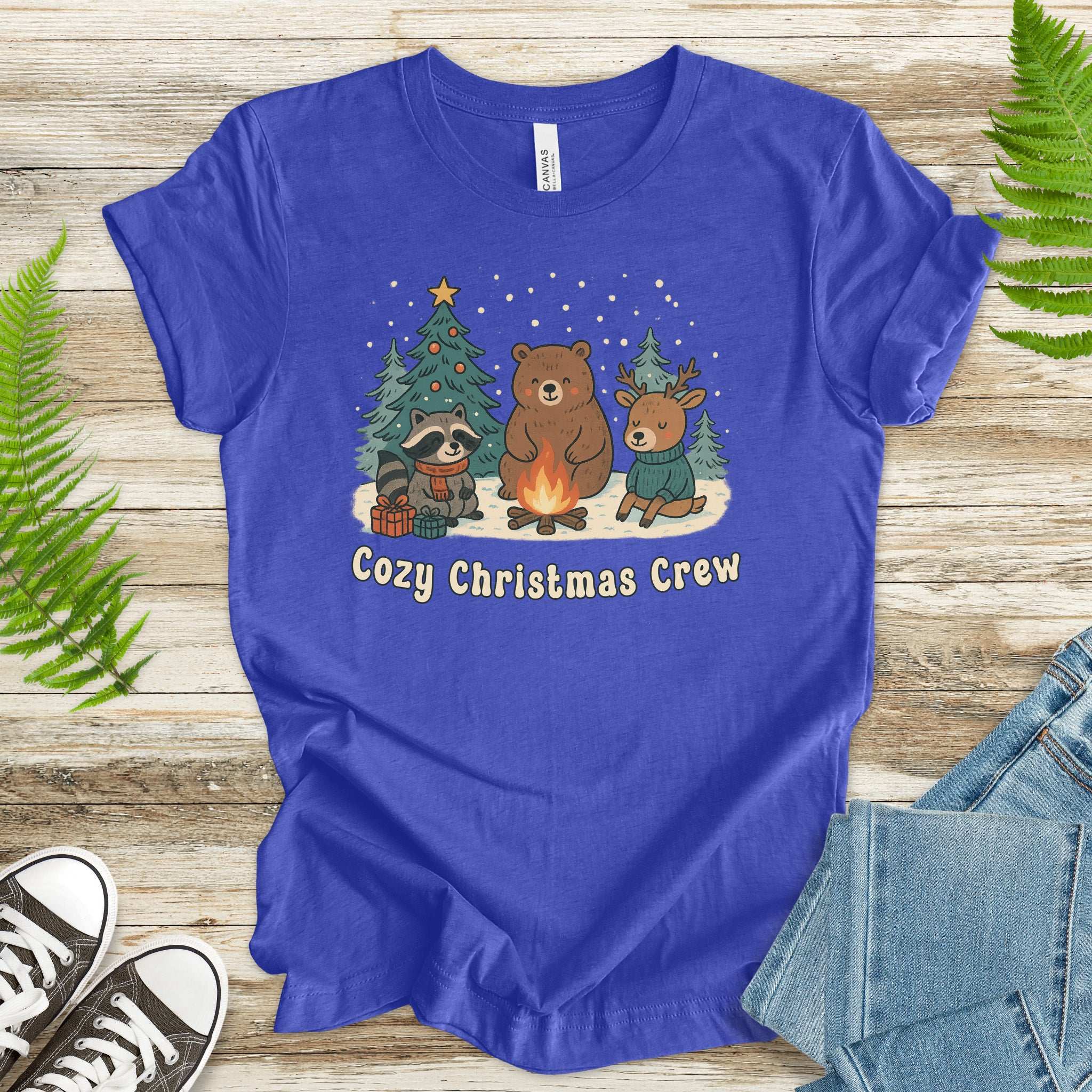 Cozy Christmas Crew T-Shirt – Cute Forest Animal Campfire Tee