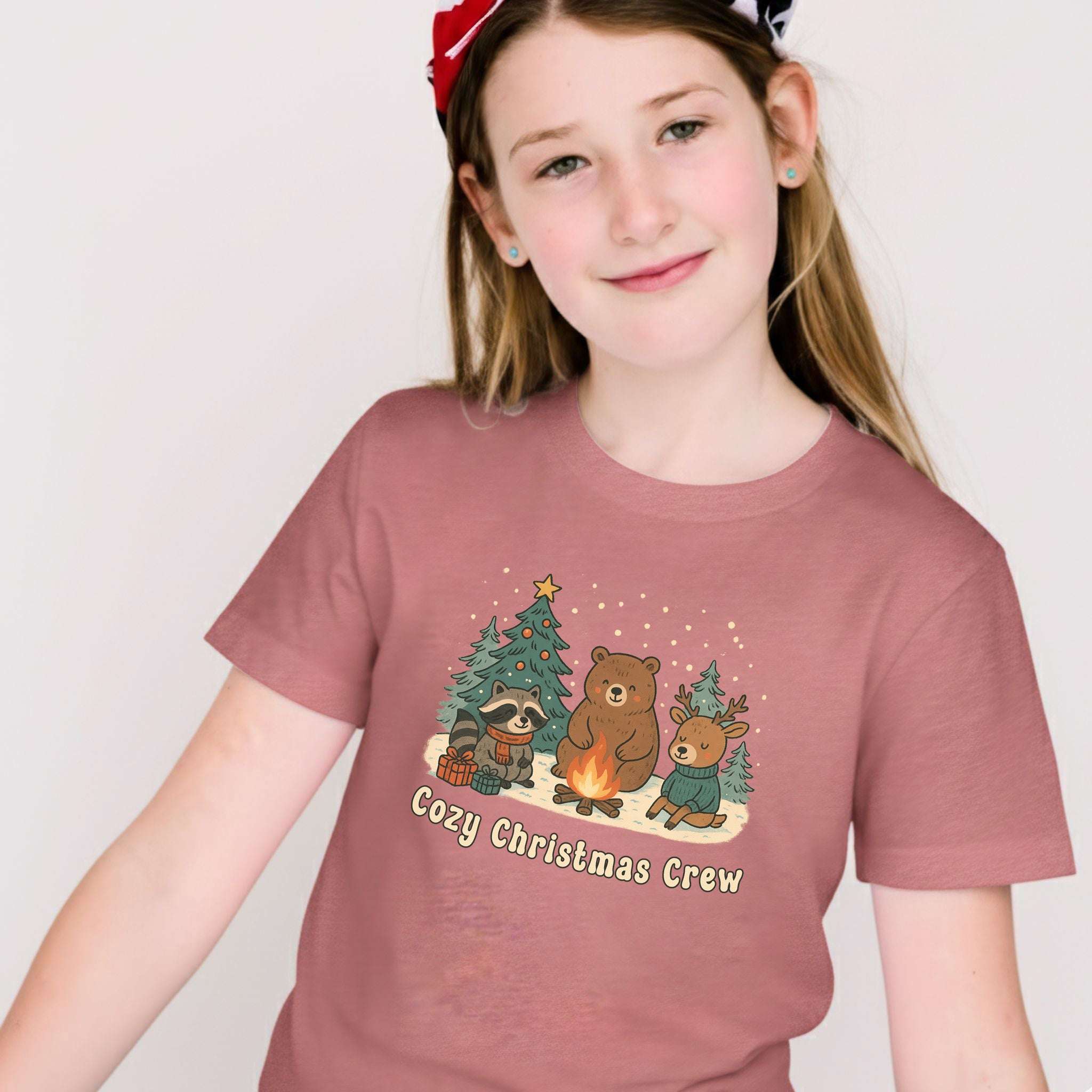 Cozy Christmas Crew Youth Tee – Cute Forest Animal Campfire Shirt