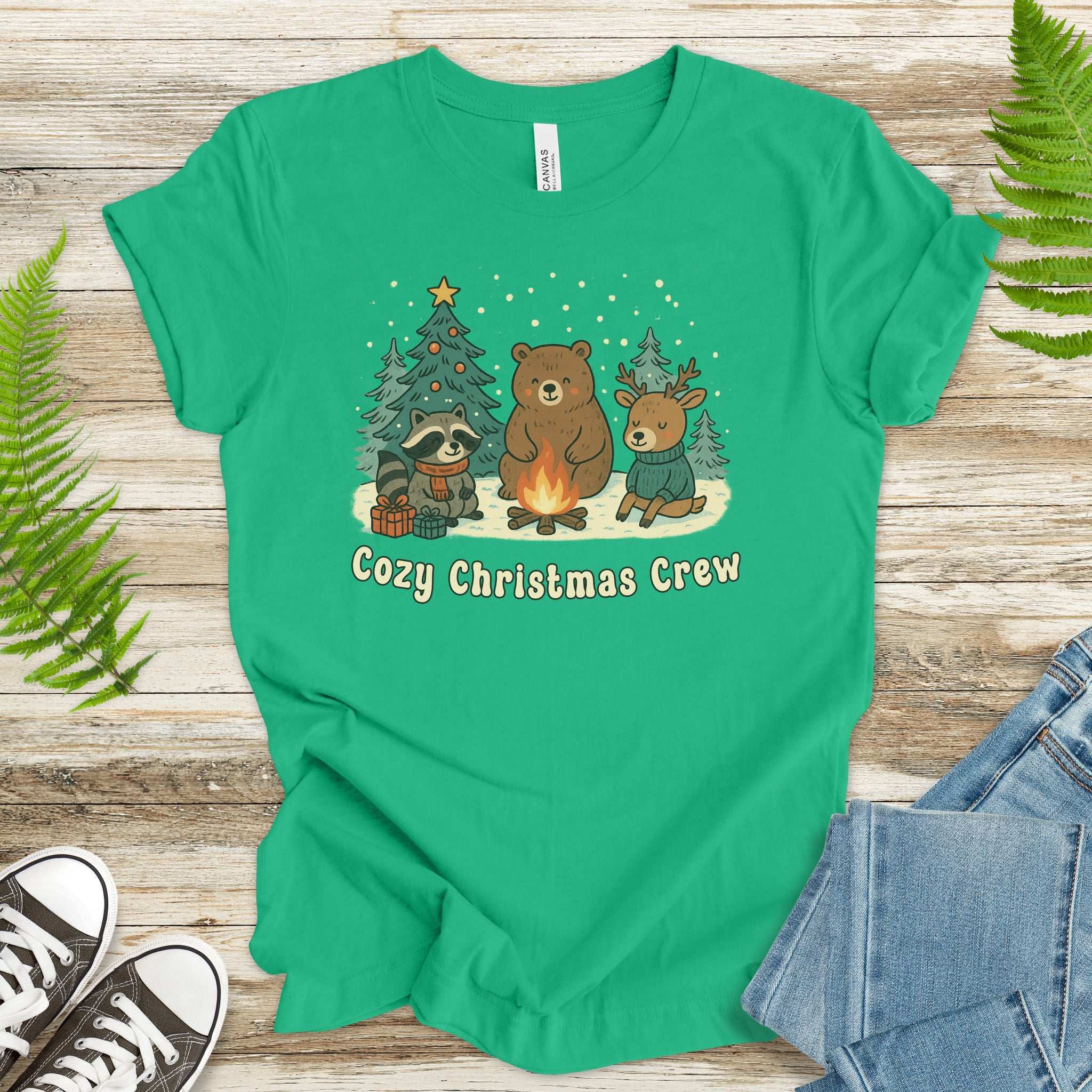 Cozy Christmas Crew T-Shirt – Cute Forest Animal Campfire Tee