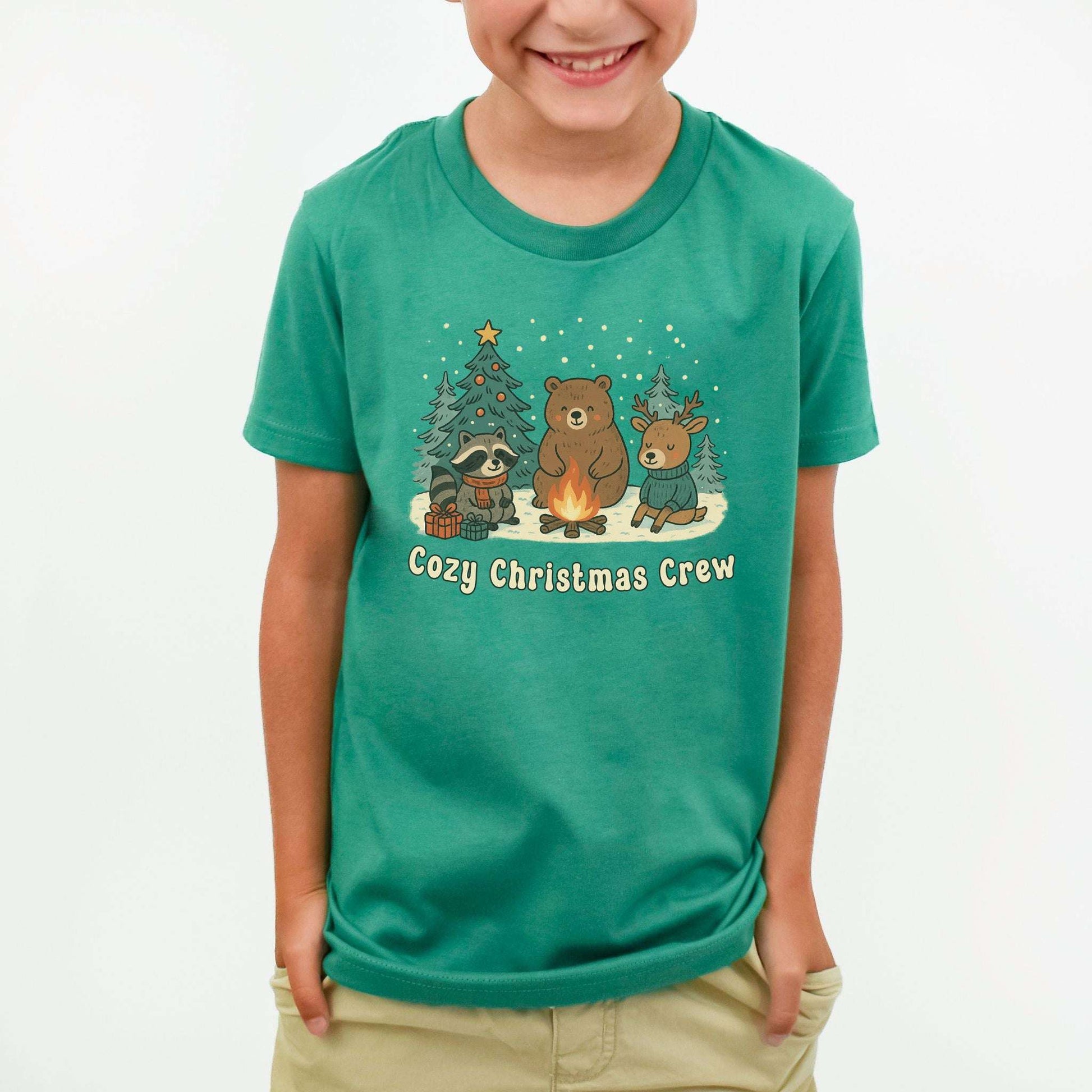 Cozy Christmas Crew Youth Tee – Cute Forest Animal Campfire Shirt