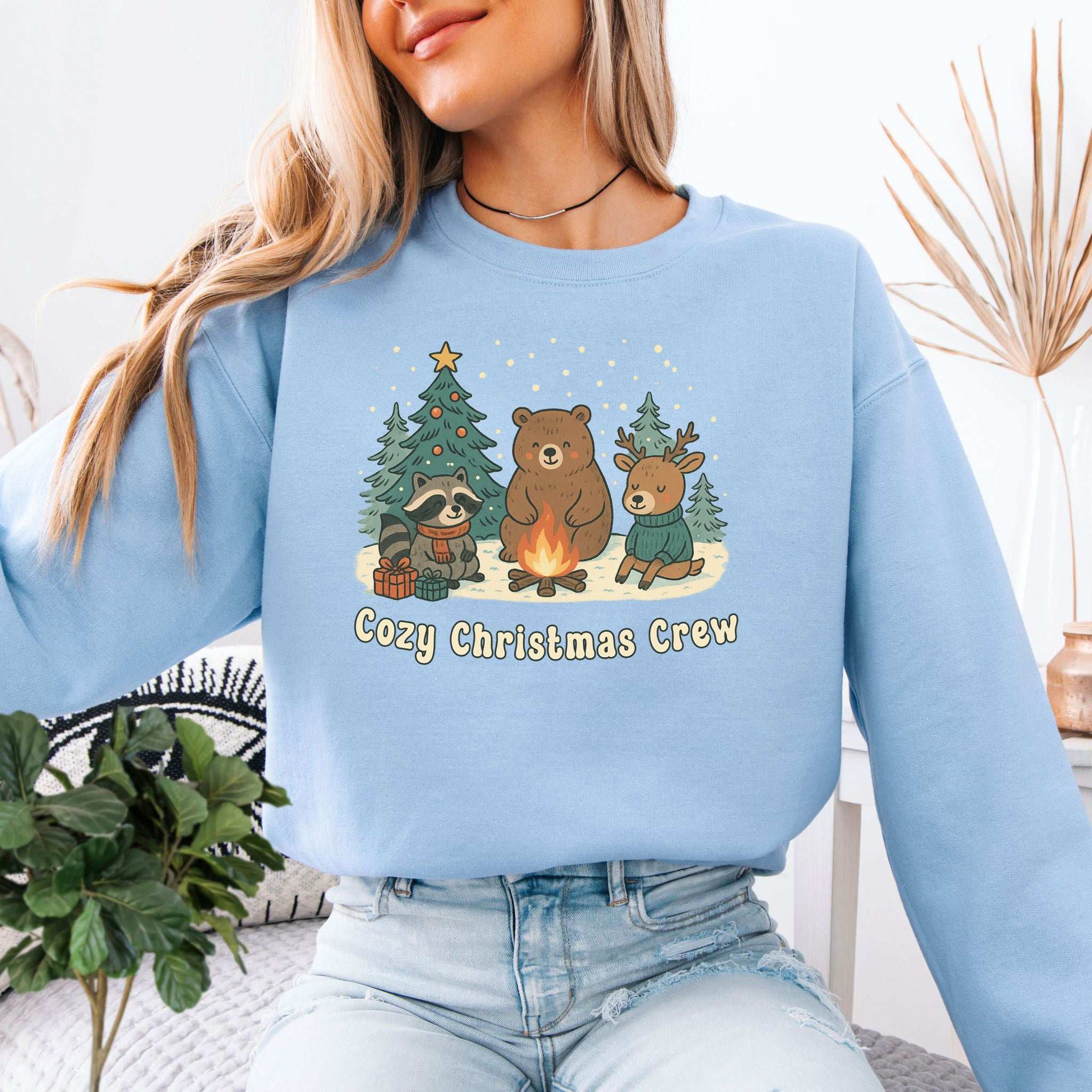 Cozy Christmas Crew Sweatshirt – Forest Animal Campfire Holiday Vibes
