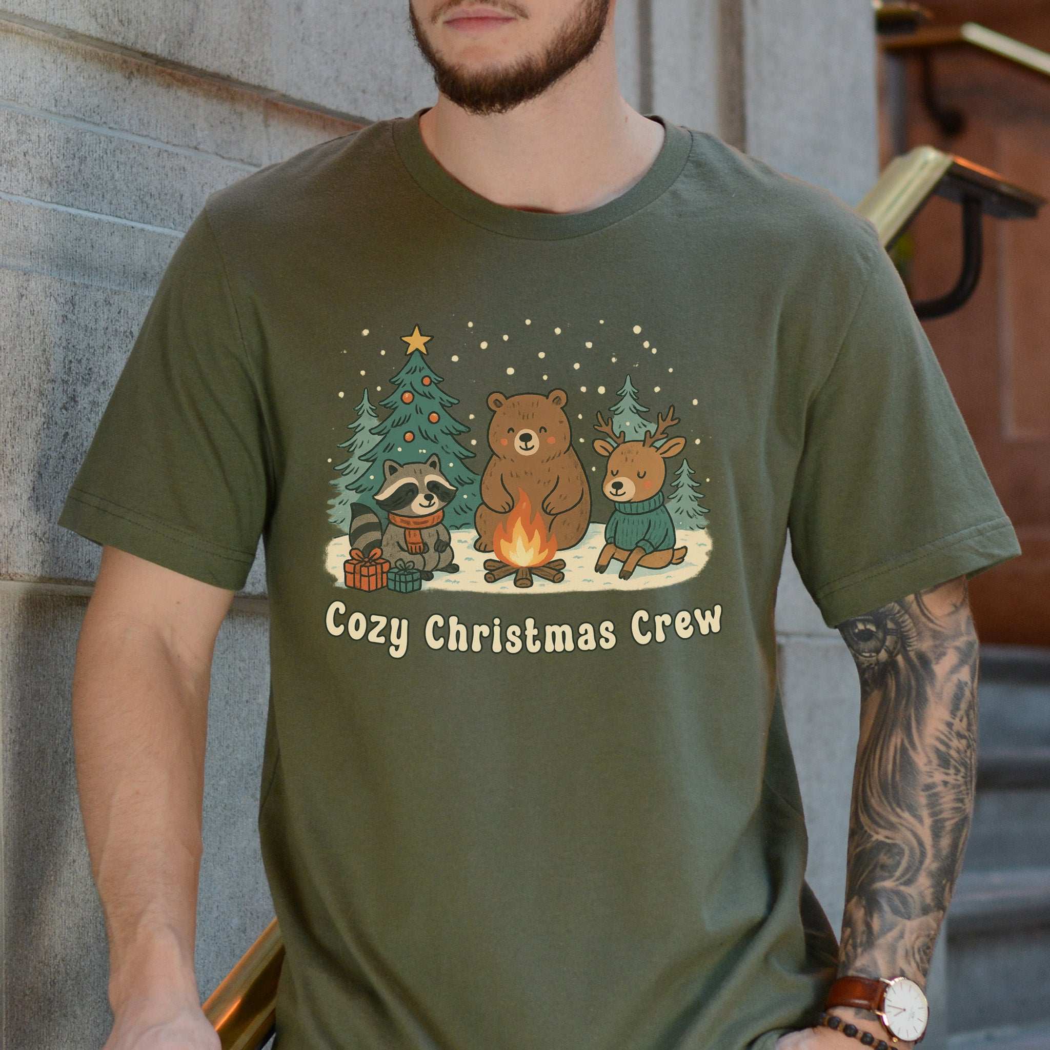 Cozy Christmas Crew T-Shirt – Cute Forest Animal Campfire Tee