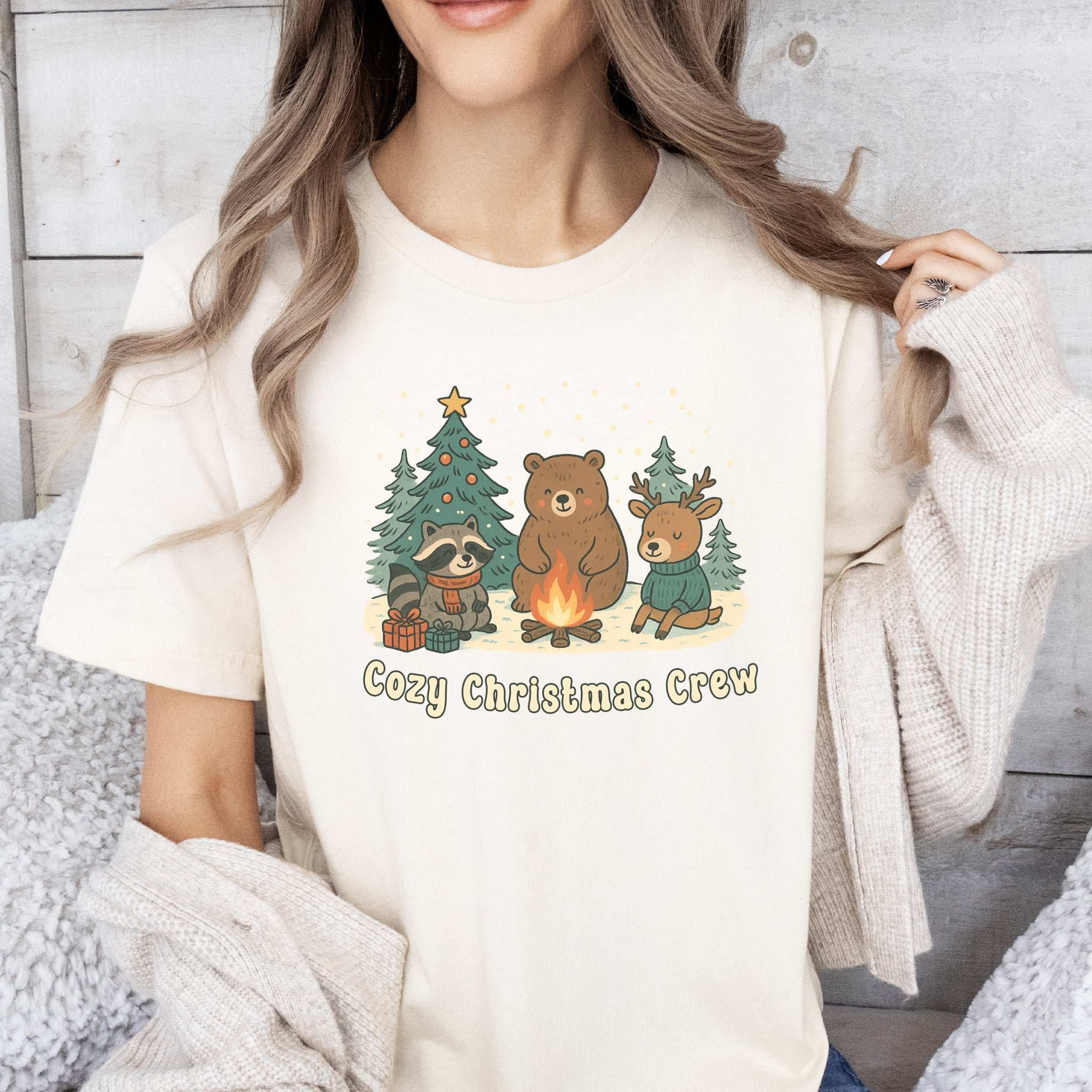 Cozy Christmas Crew T-Shirt – Cute Forest Animal Campfire Tee