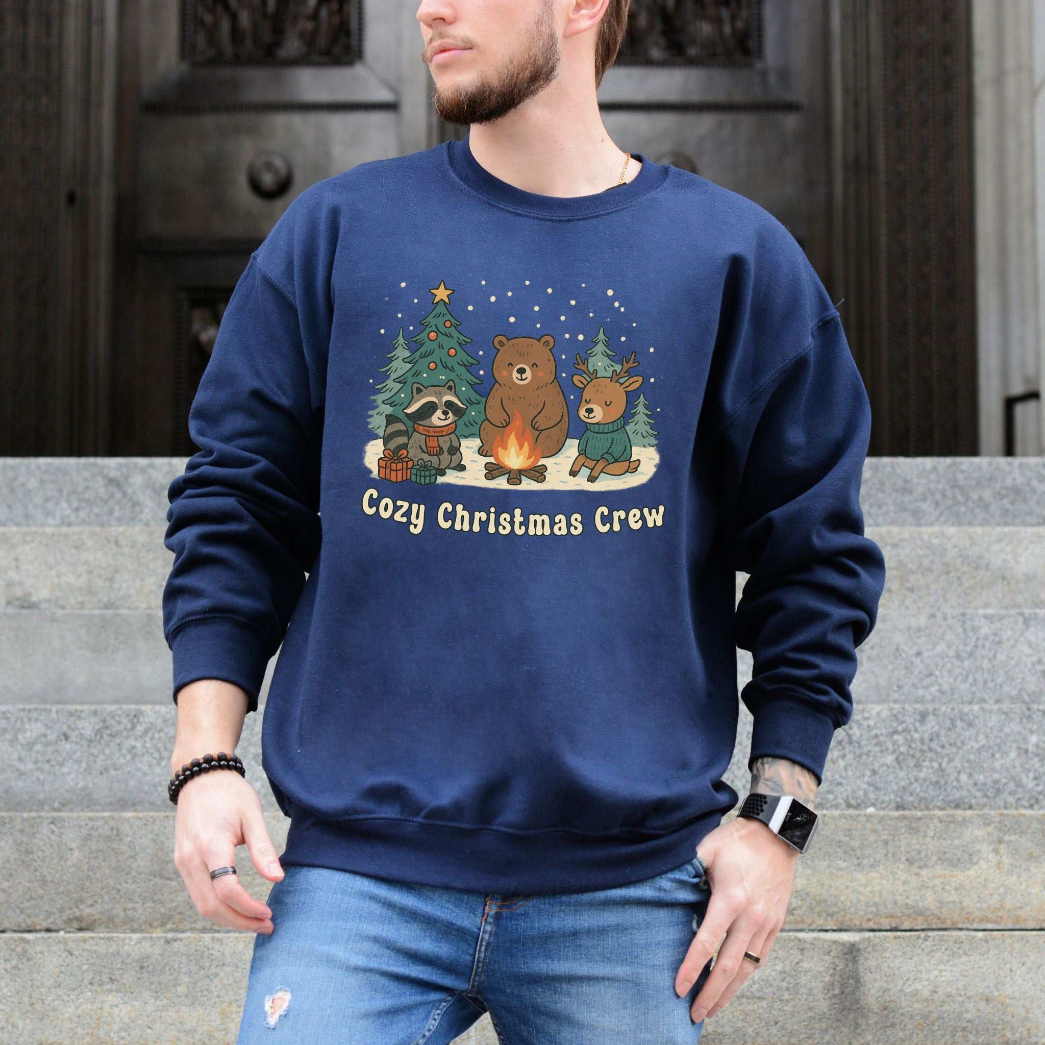 Cozy Christmas Crew Sweatshirt – Forest Animal Campfire Holiday Vibes