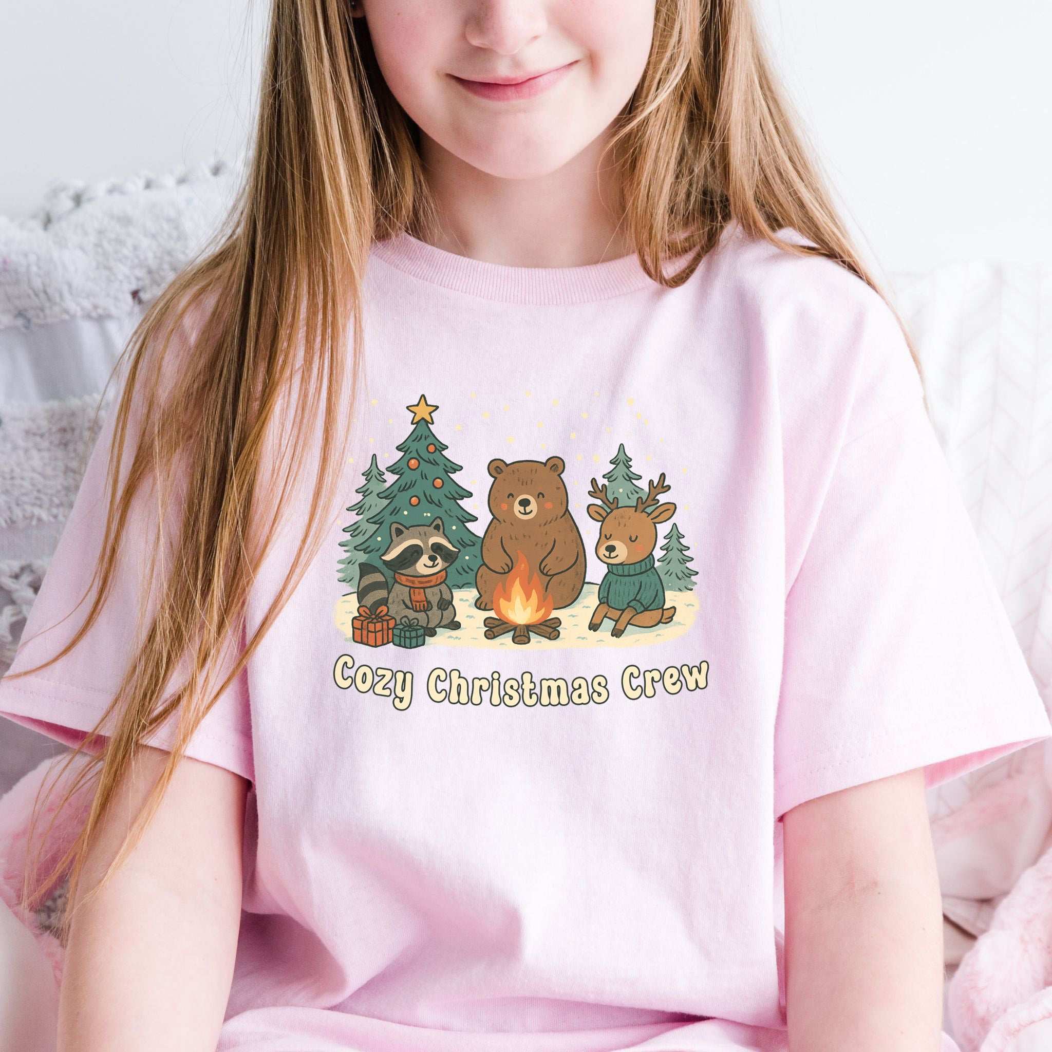Cozy Christmas Crew Youth Tee – Cute Forest Animal Campfire Shirt