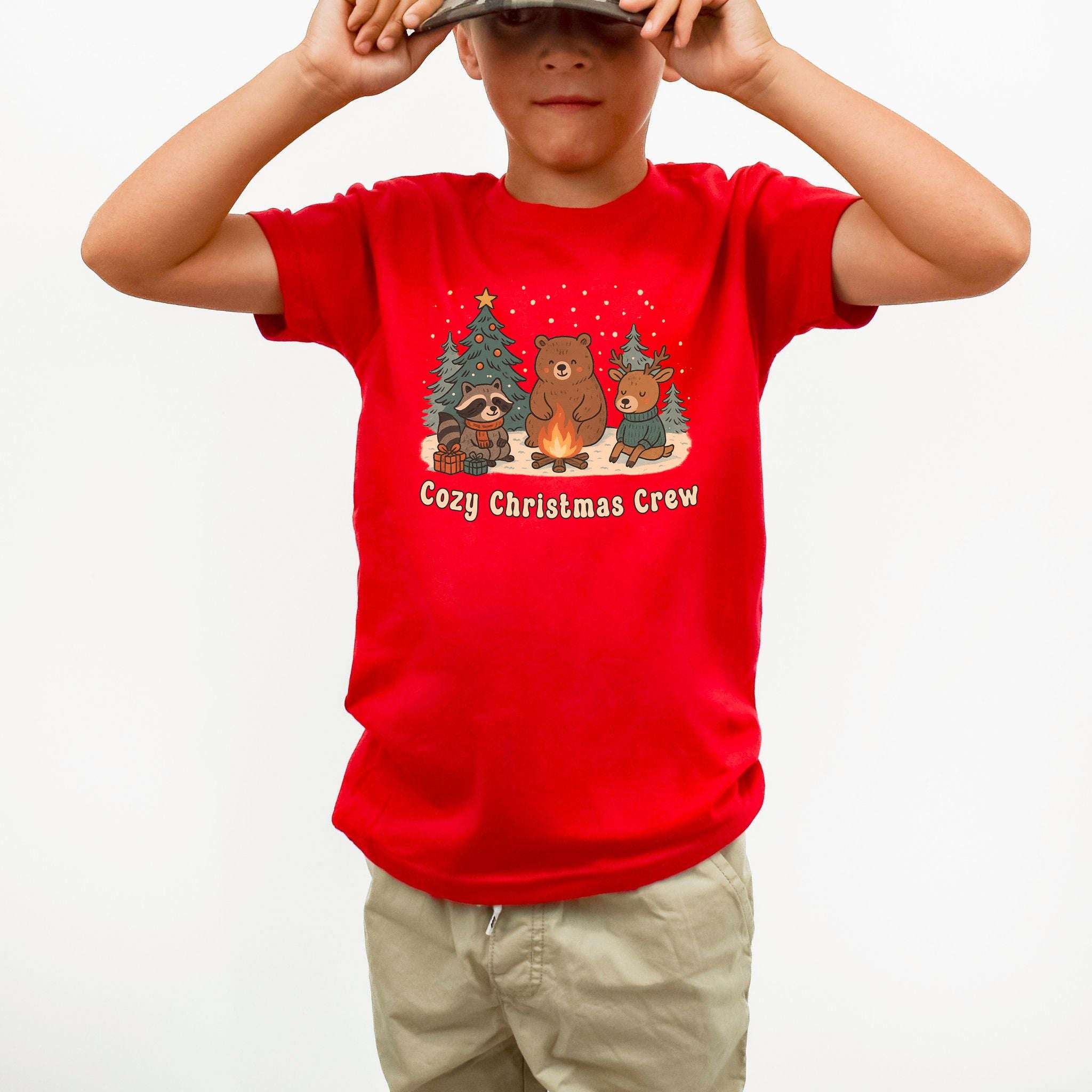 Cozy Christmas Crew Youth Tee – Cute Forest Animal Campfire Shirt